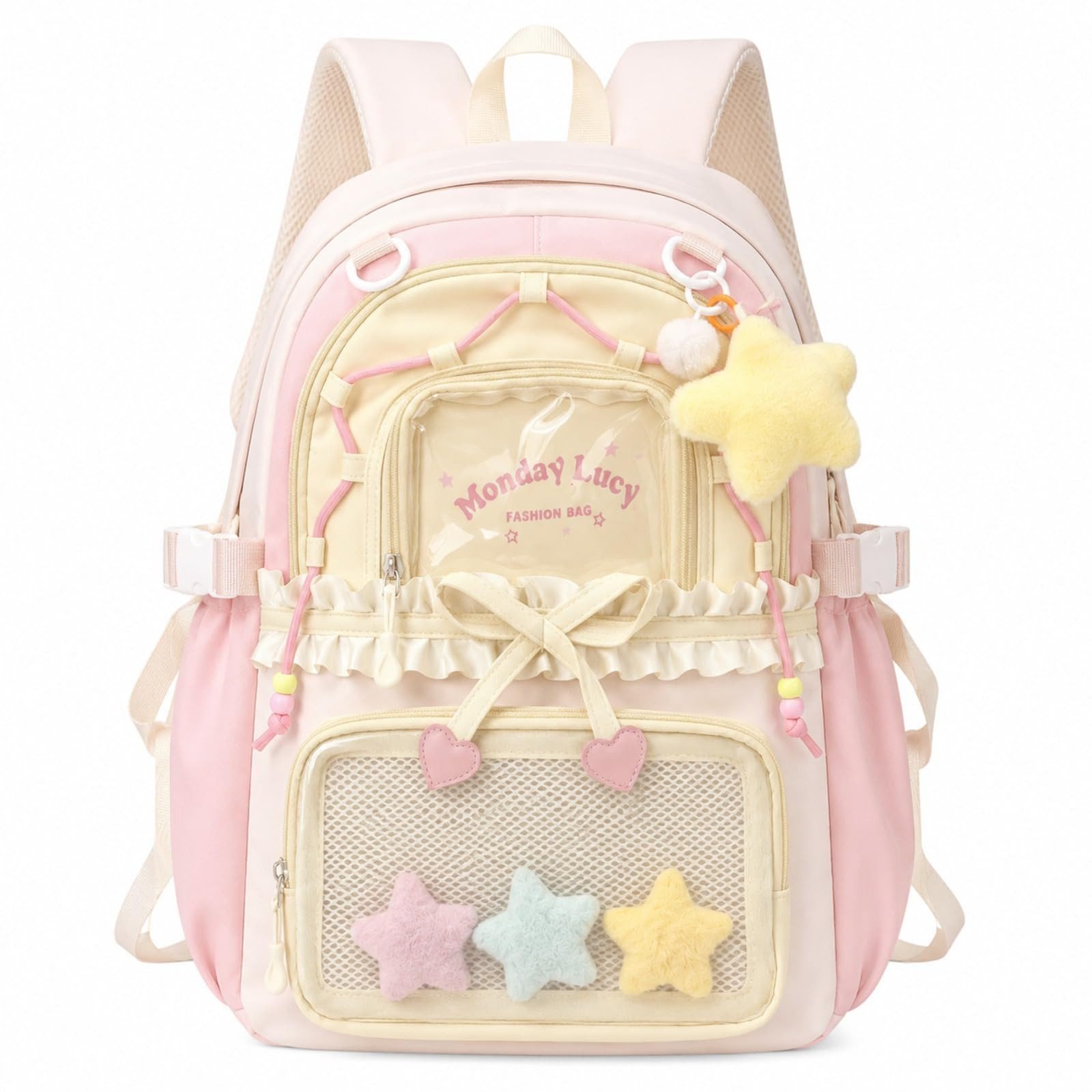 nsihing Kinderrucksack Kawaii Rucksack Mädchen mit Transparentem Fach & Stern Anhänger, Ästhetischer Rucksack für Mädchen, Schule, Alltag & Freizeit