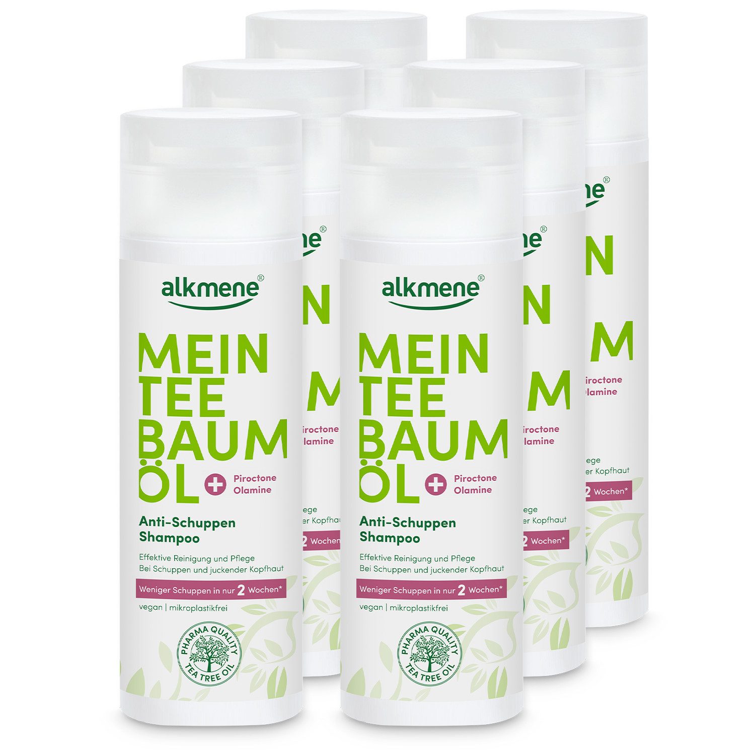 alkmene Haarshampoo 6x Teebaumöl Anti Schuppen Shampoo weniger Schuppen in 2 Wochen, 6-tlg.