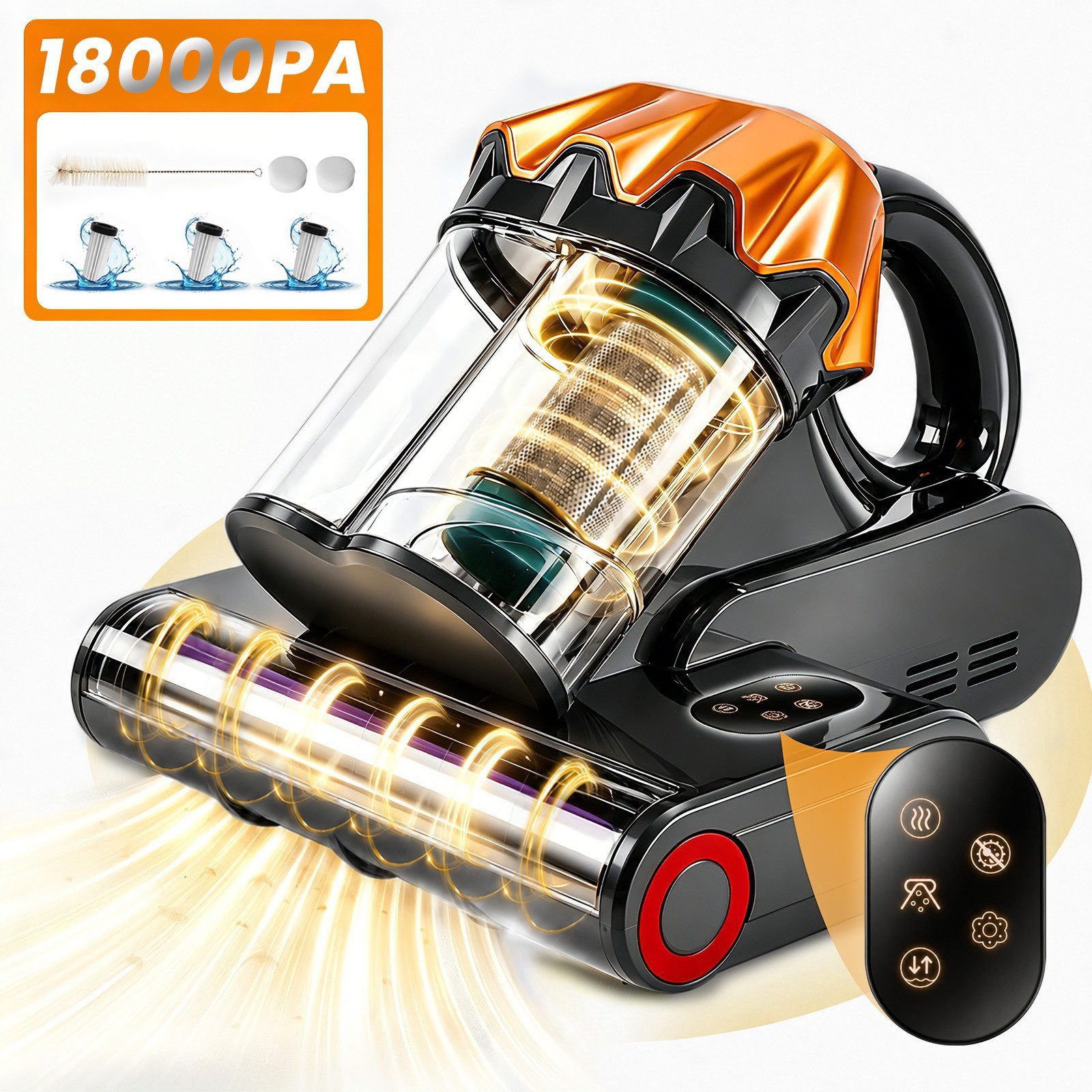 Grenintol Matratzenreinigungsgerät 18.000Pa Milbenstaubsauger mit Sensor, UV-C-Licht, 65 °C Heißluft, 550 W, Beutelloser Milbensauger mit HEPA-Filter, Vibrationsbürste mit Klopffunktion, Staubsensor und Diffusionsfilter, kompakter Milben-Handstaubsauger für Matratzen, Sofas und Kissen