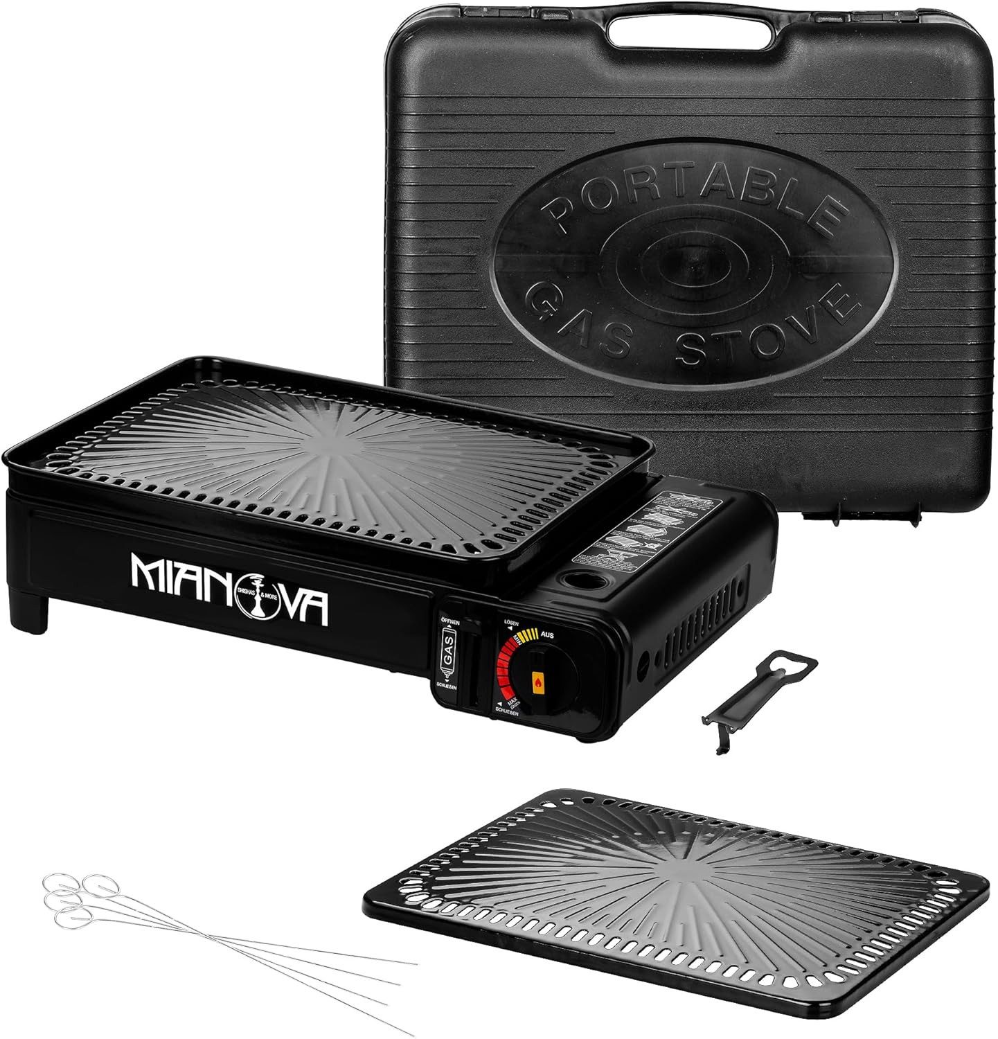 Mianova Camping-Gasgrill 2in1 Gaskocher Campinggrill Gasgrill Tischgrill Grillplatte Grillrost, Gasgrill für Camping Angeln Zelten - Ideal zum Grillen - Geliefert im Tragekoffer, Campinggrill Gaskartuschen Outdoor BBQ Grill Campingkocher