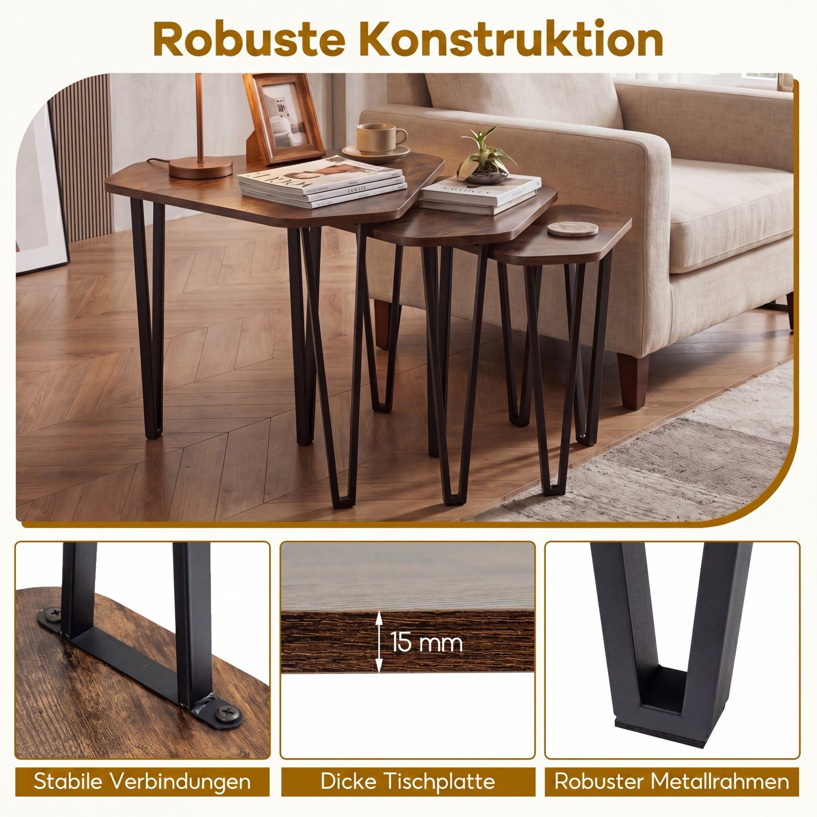COSTWAY Beistelltisch Satztisch Couchtisch in 3 Größen platzsparend (3er Set), Stahl – Bild 4 von 5