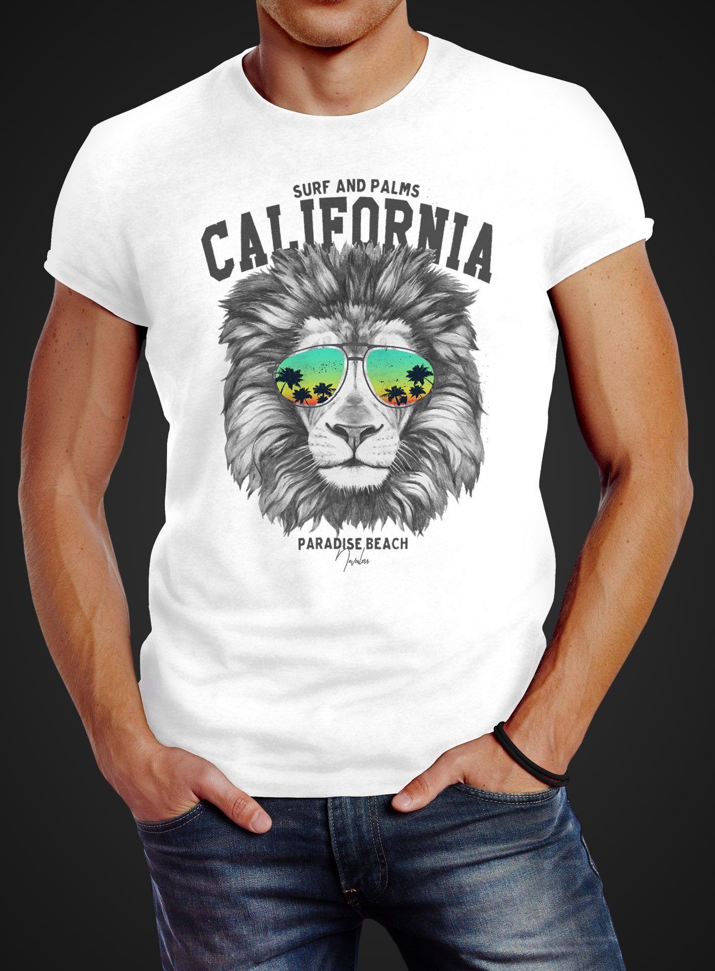Neverless Print-Shirt Herren T-Shirt Löwe Bär Sonnenbrille Palmen Summer California Slim mit Print