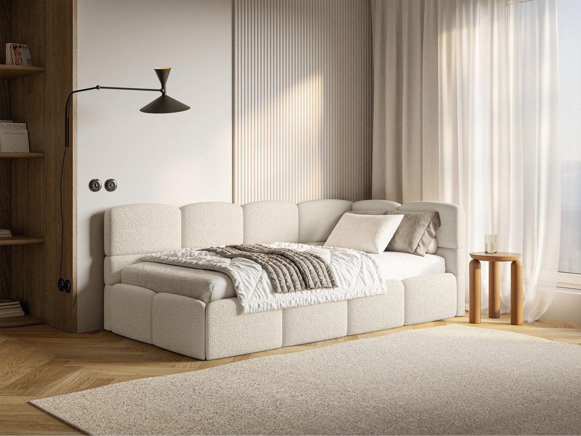 Selsey Jugendbett CLOUDY, mit Lattenrost, Bettkasten und Eck-Kopfteil, Bouclé, 120x200 cm