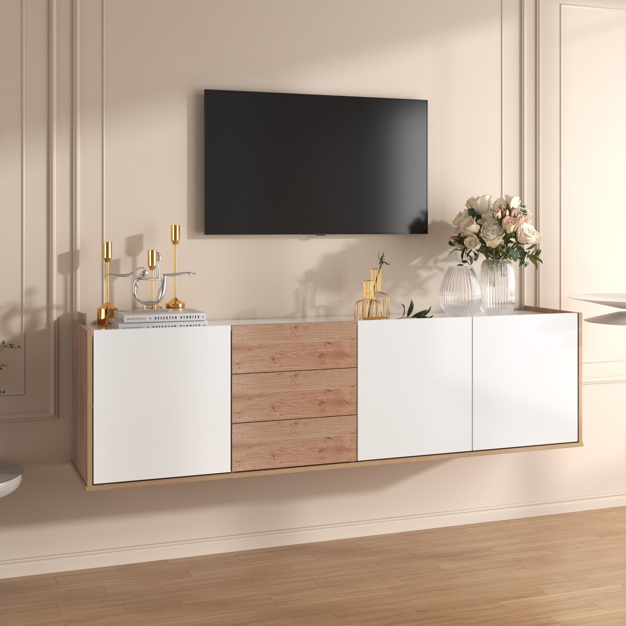 MODFU TV-Schrank Lowboard Fernsehtisch (mit 3 Schubladen und 3 Türen) mit Paneel in Weiß und Holzfarben,TV-Board freistehend/hängend