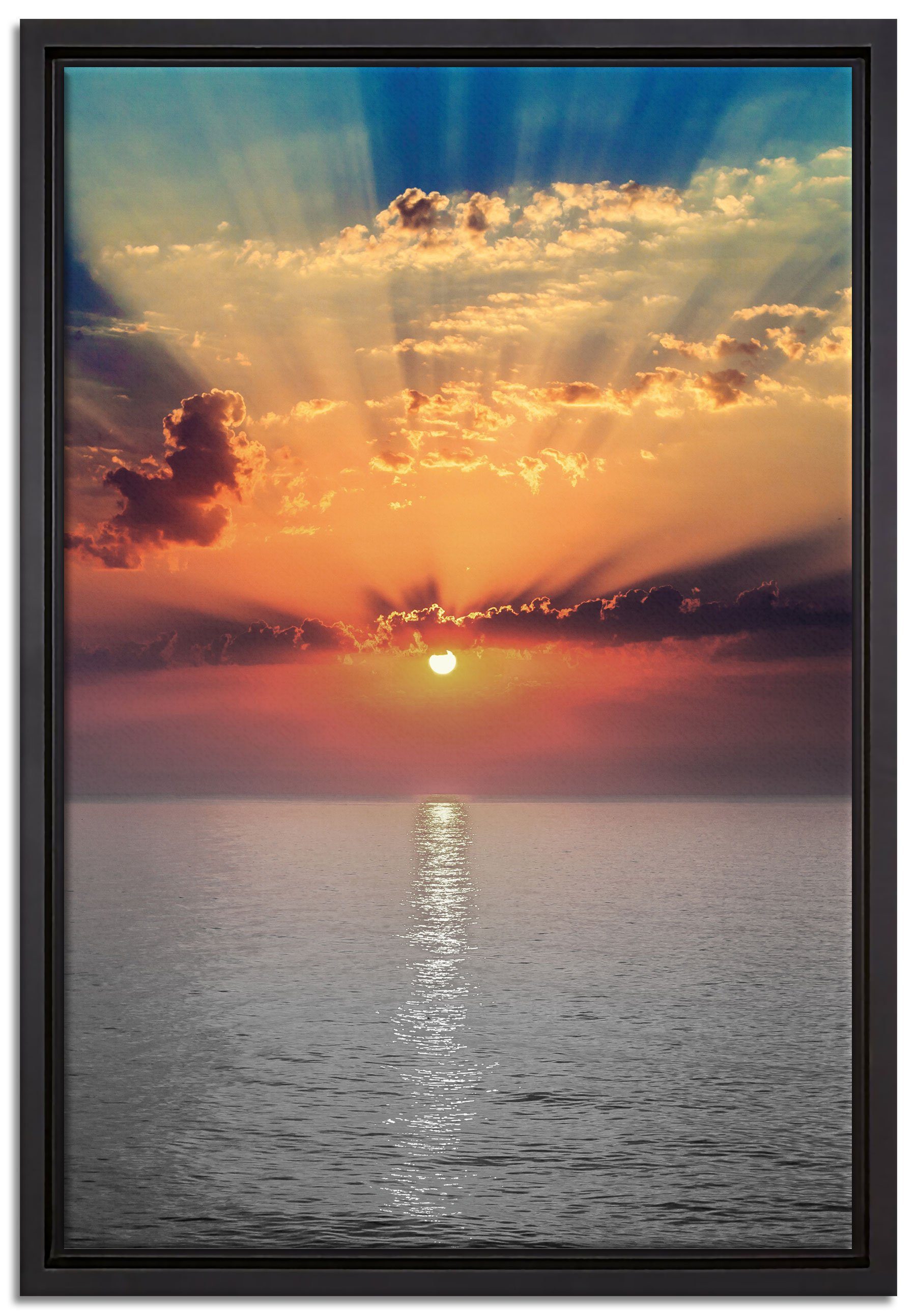 Pixxprint Leinwandbild Sonnenuntergang über dem Meer, Wanddekoration (1 St), Leinwandbild fertig bespannt, in einem Schattenfugen-Bilderrahmen gefasst, inkl. Zackenaufhänger