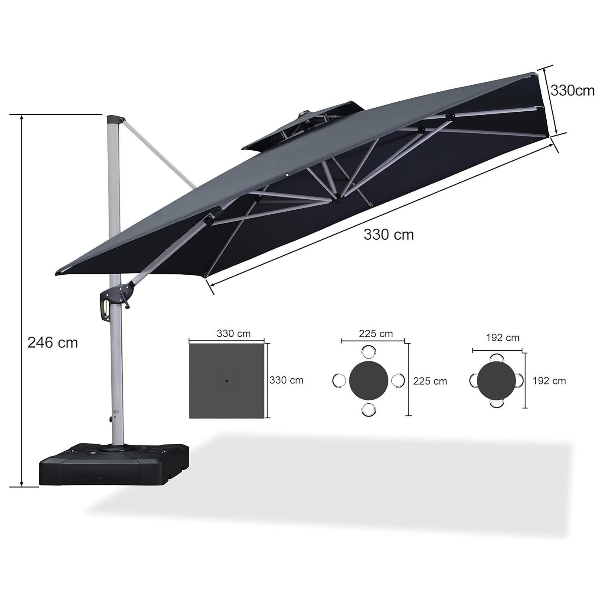 PURPLE LEAF Sonnenschirm Quadratischer Außenbereich Ampelschirm, Gartenschirm mit Ständer, LxB: 330x330 cm, 360°Rotation, Sonnenschutz UV50+, Für Balkone, Gärten und Terrassen