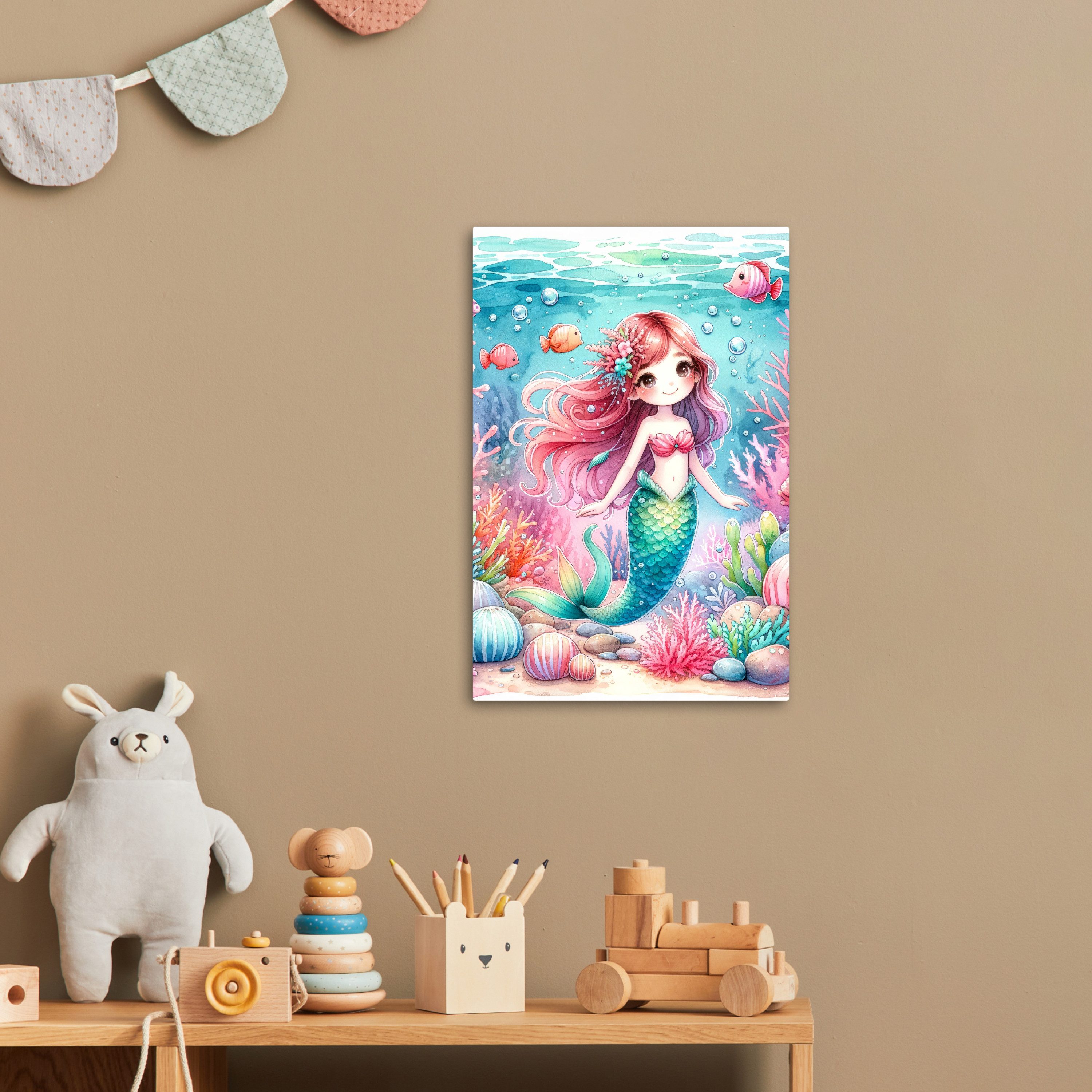 OneMillionCanvasses® Leinwandbild Meerjungfrau - Bunt - Unterwasser - Meerestiere - Fisch, Fotodruck (1 St), Kinderzimmer Deko, Mädchen und Jungen Bilder 20x30 cm