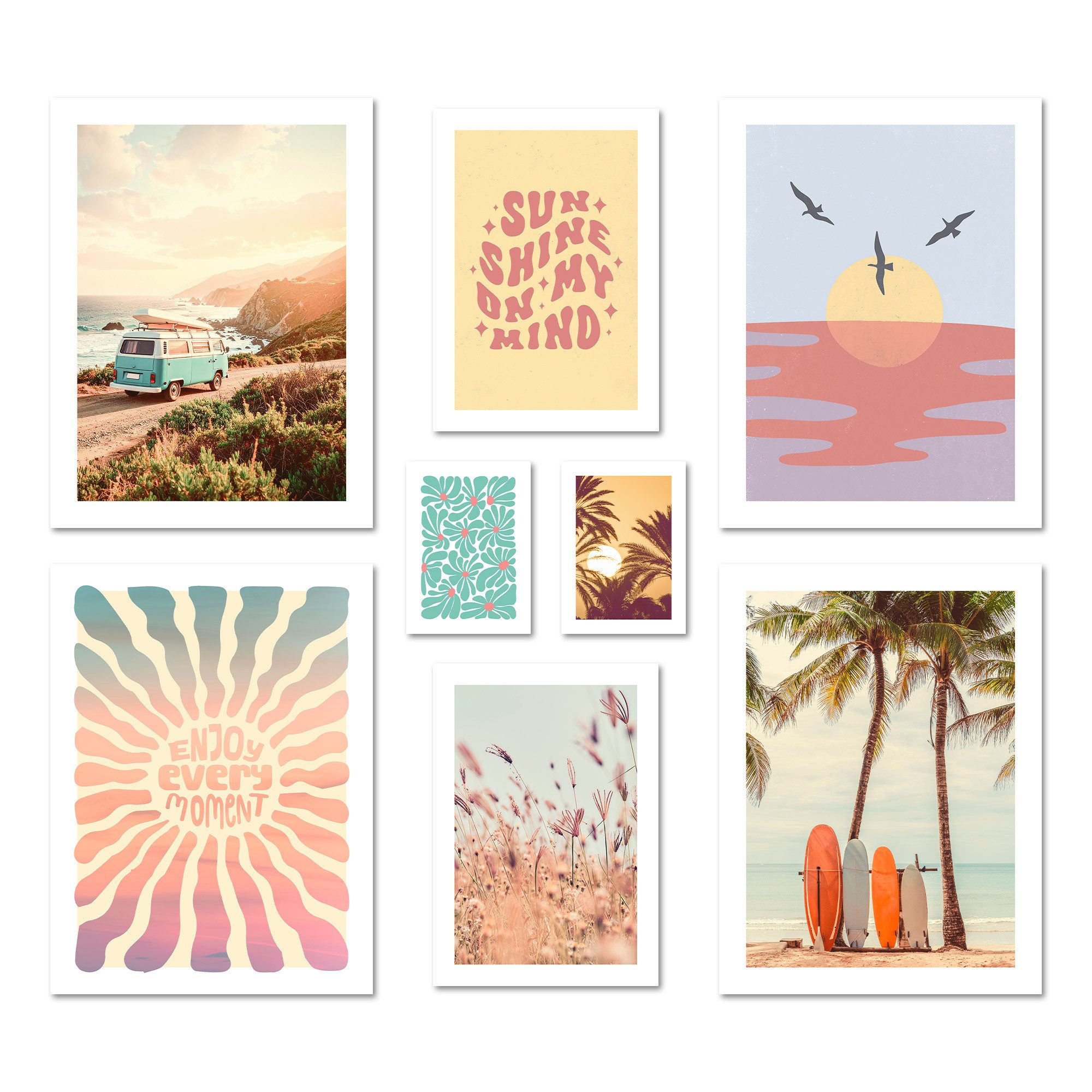 ARTFAVES Bilder-Collage Poster Set Summer Trip I mehrteilige Bilderwand I Wandbilder Sommer, (Wandbilder modern, 8 St)