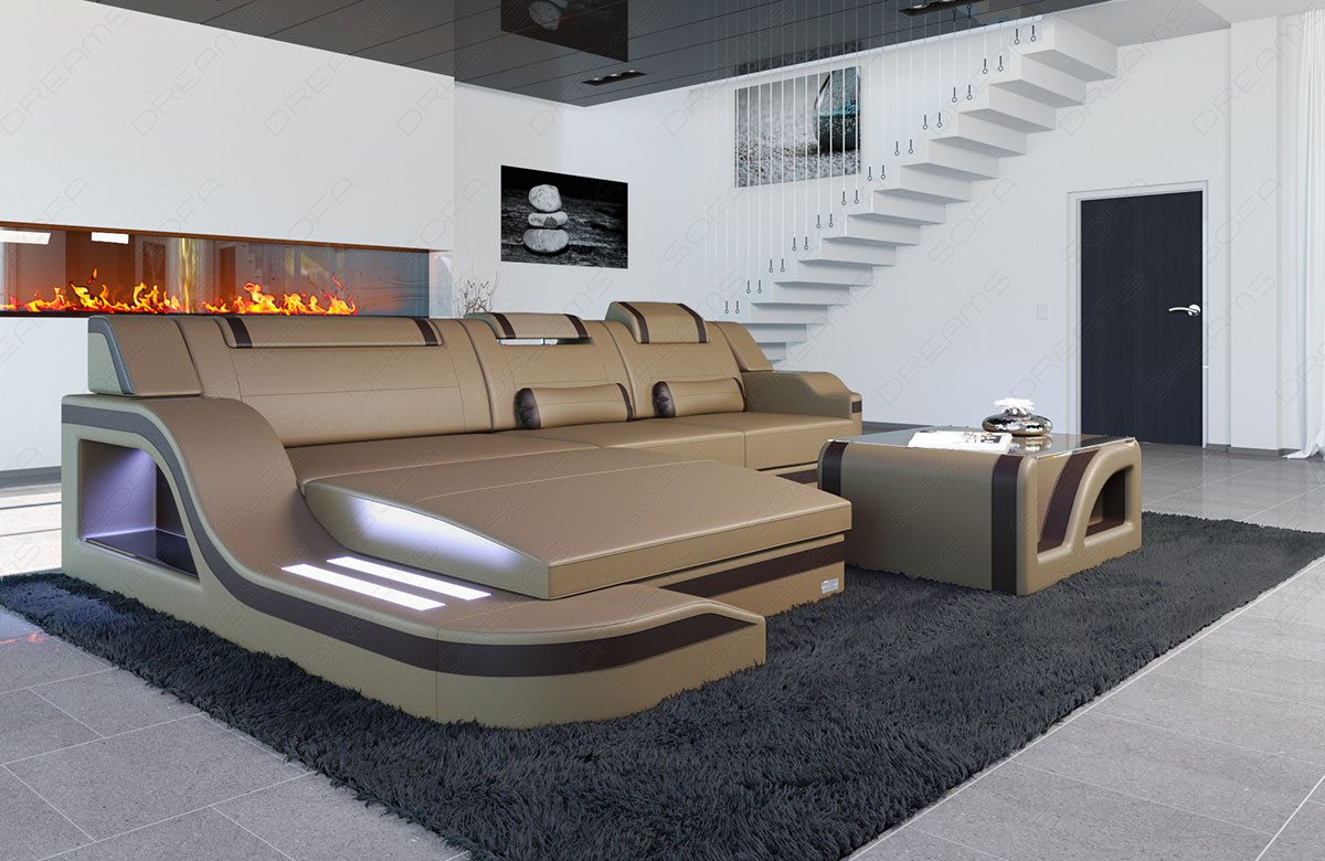 Sofa Dreams Ecksofa Ledersofa Palermo L Form Mini, Designersofa Couch, mit LED Licht & USB Anschluss