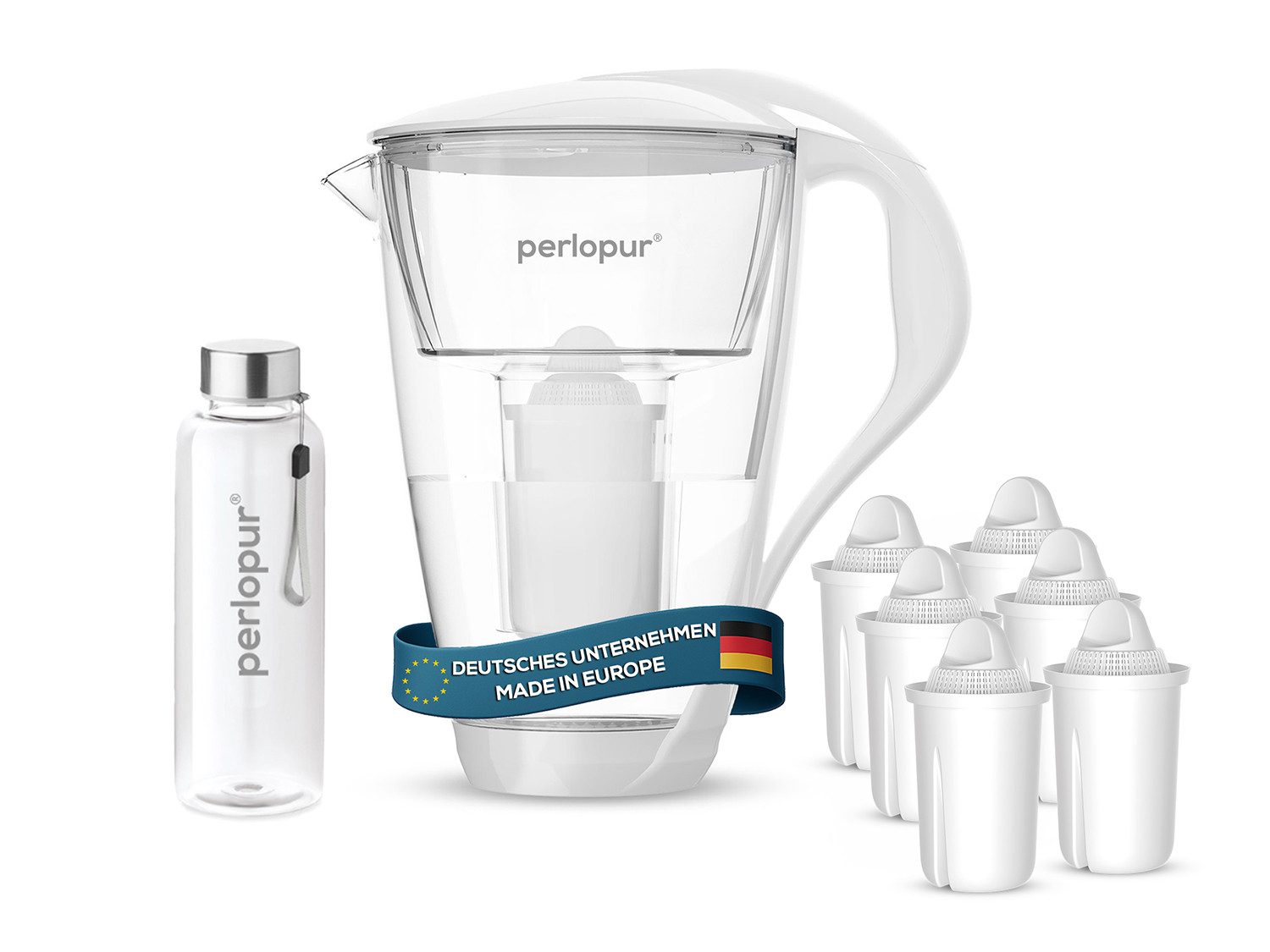 PerloPur Wasserfilter Glas Wasserfilter weiß inkl. 6 Universal Kartuschen plus Glasflasche