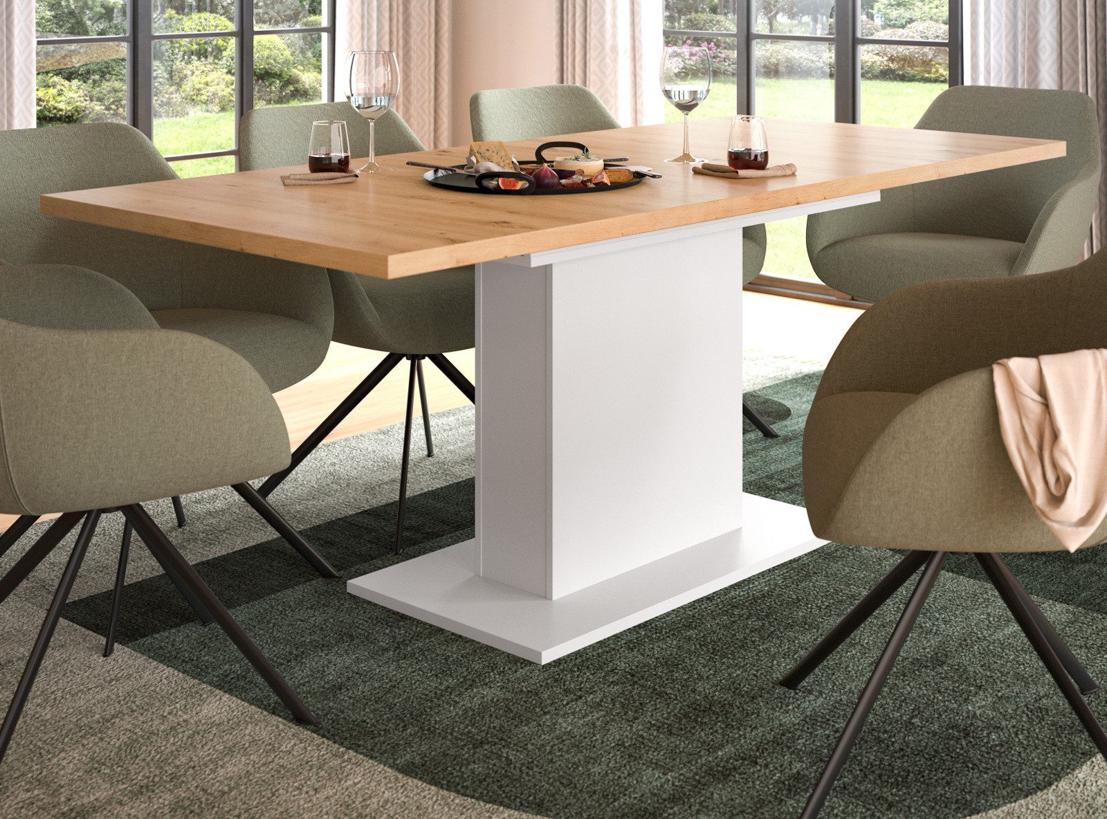 Inn.Furn Säulen-Esstisch Home-X (Küchentisch in weiß und Eiche Artisan, ausziehbar 150 - 190 cm), Melaminbeschichtet, bis zu 8 Personen