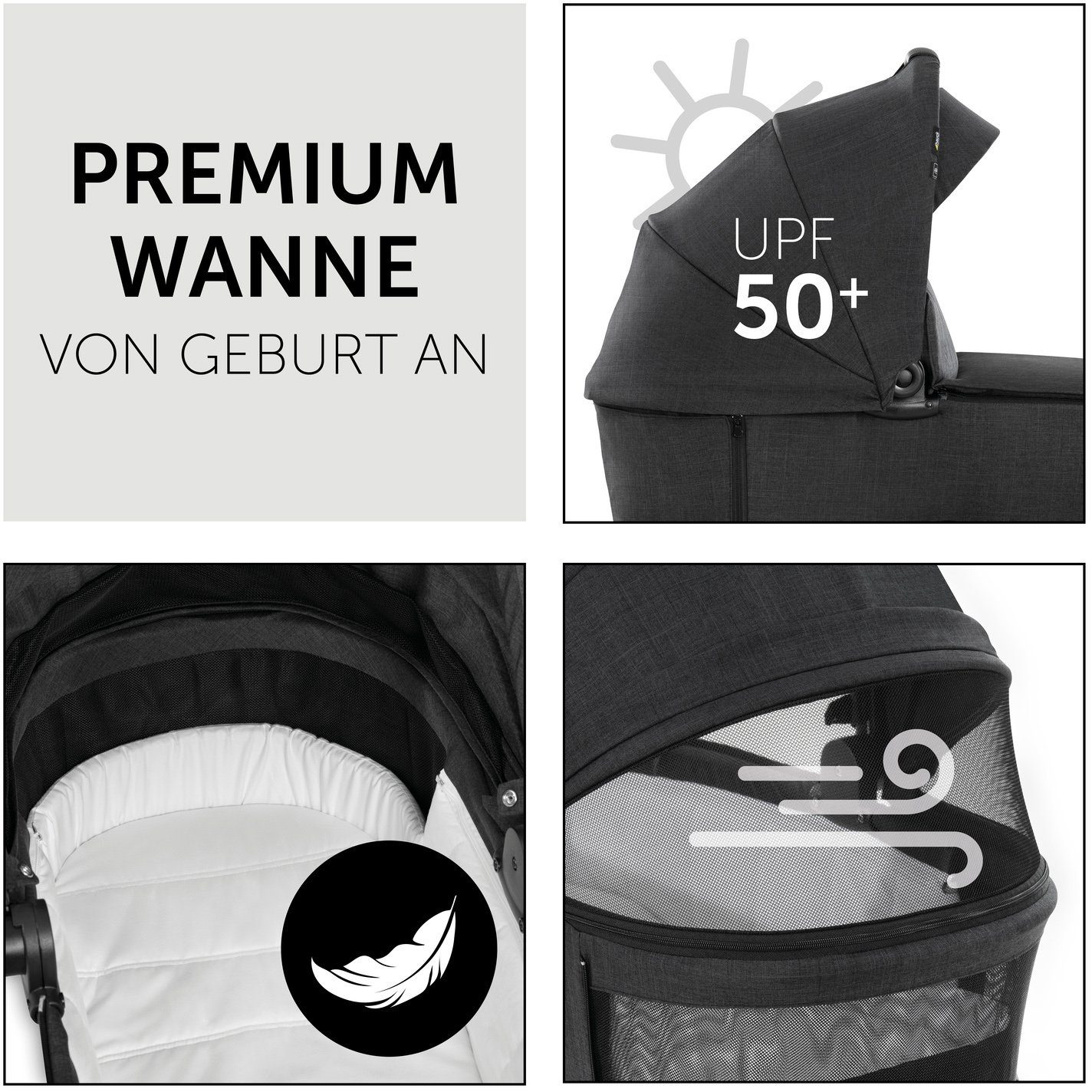 Sportwagenaufsatz Babywanne und Vision black/black, (3-tlg), mit X, Kombi-Kinderwagen Hauck