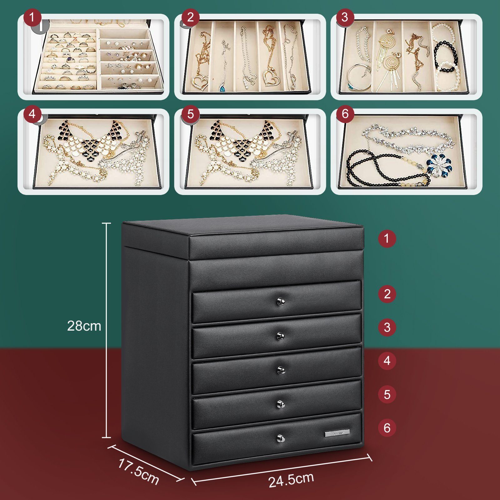 Yorbay Schmuckkasten Schmuckkästchen mit 6 Ebenen, 5 Schubladen (Mit Spiegel), zwei Farben, für Halsketten, Ringe, Armbänder, Ohrringe – Bild 4 von 5