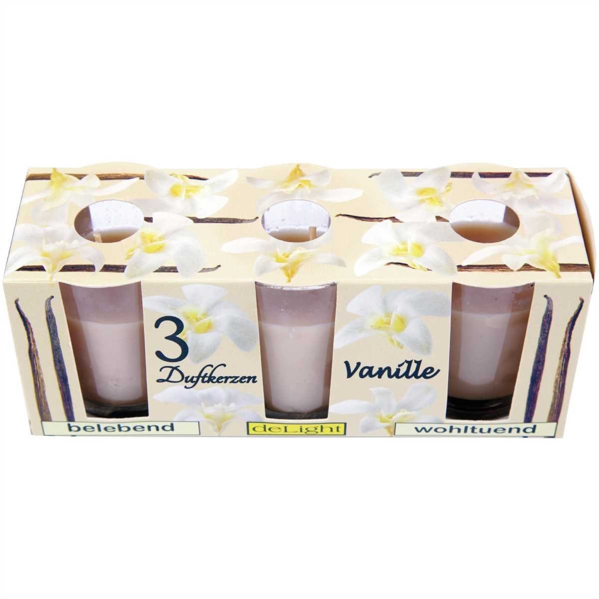 HS Candle Duftkerze Set im Glas (3-tlg), Vanille, warme & süße Duftnote, Ø4,5x6,5 cm, bis zu 12h Brenndauer – Bild 3 von 5