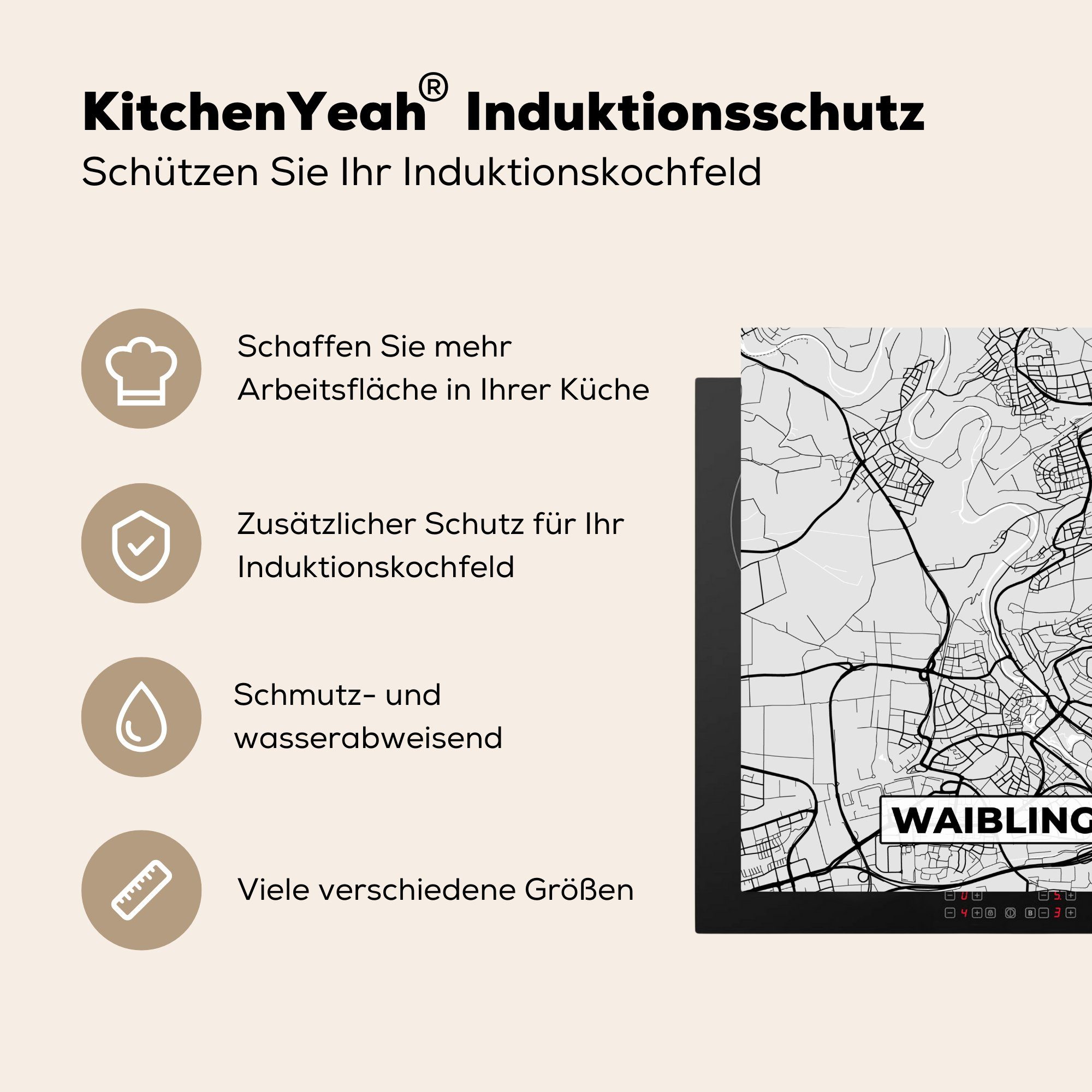 küche Karte, MuchoWow Herdblende-/Abdeckplatte - (1 78x78 Vinyl, Waiblingen Arbeitsplatte Ceranfeldabdeckung, Karte Deutschland cm, - Stadtplan - für - tlg),