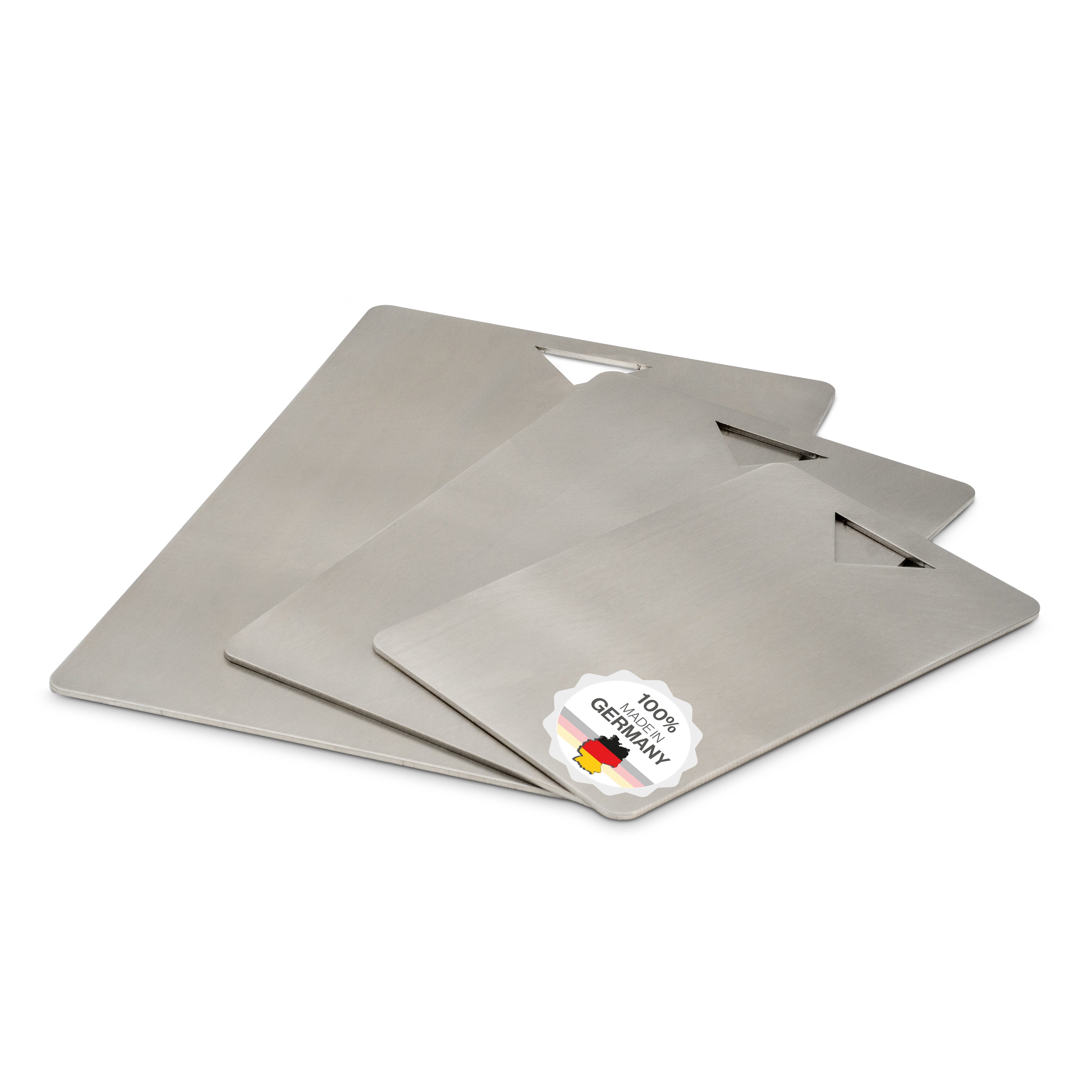 Feuerfest 123 GmbH Schneidebrett aus Edelstahl 3er Set - Hygienisch, Plastikfrei, Spülmaschinengeeignet, Ideal geeignet für Fleisch, Fisch & Gemüse, auch als Knetbrett