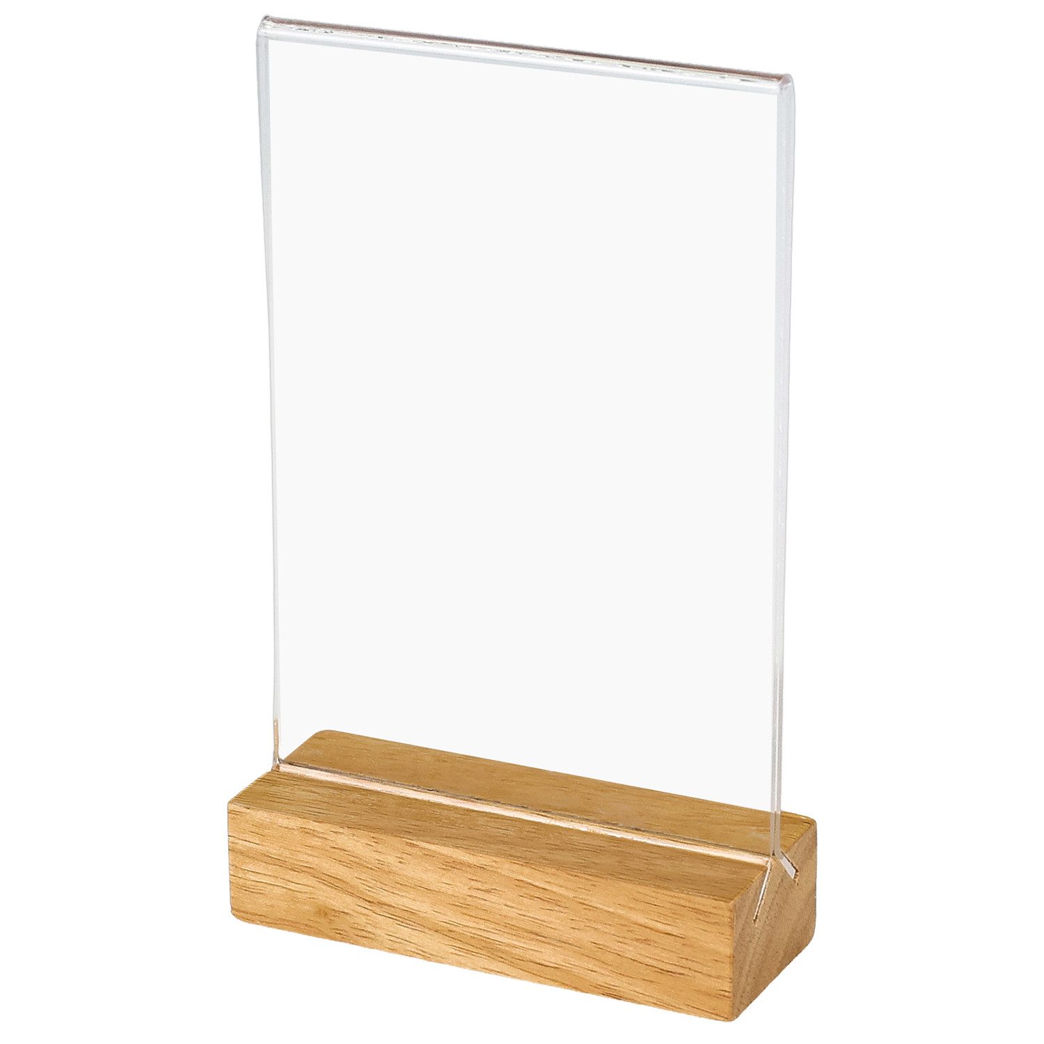 HMF Einzelrahmen Acryl Tischaufsteller im DIN A6 Hochformat, (1 St), Tischkartenhalter mit massivem Holzfuß aus Eiche T-Aufsteller Glasklar