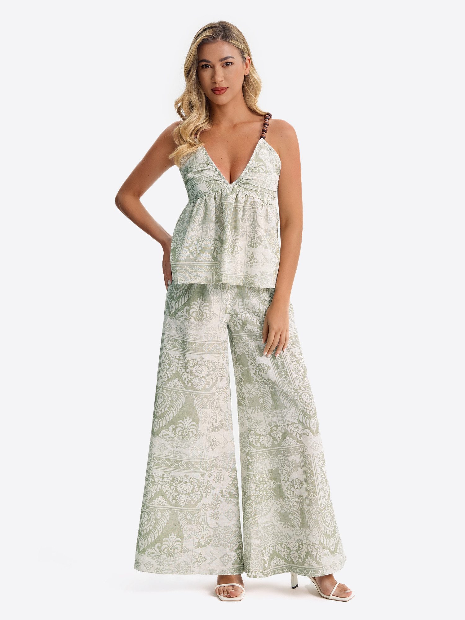 Imily Bela Hausanzug Damen 2-teiliges Strand-Set mit Perlen-Trägern und Vintage-Print (Set, 2 tlg., Trägertop + Palazzohose) Boho-Outfit