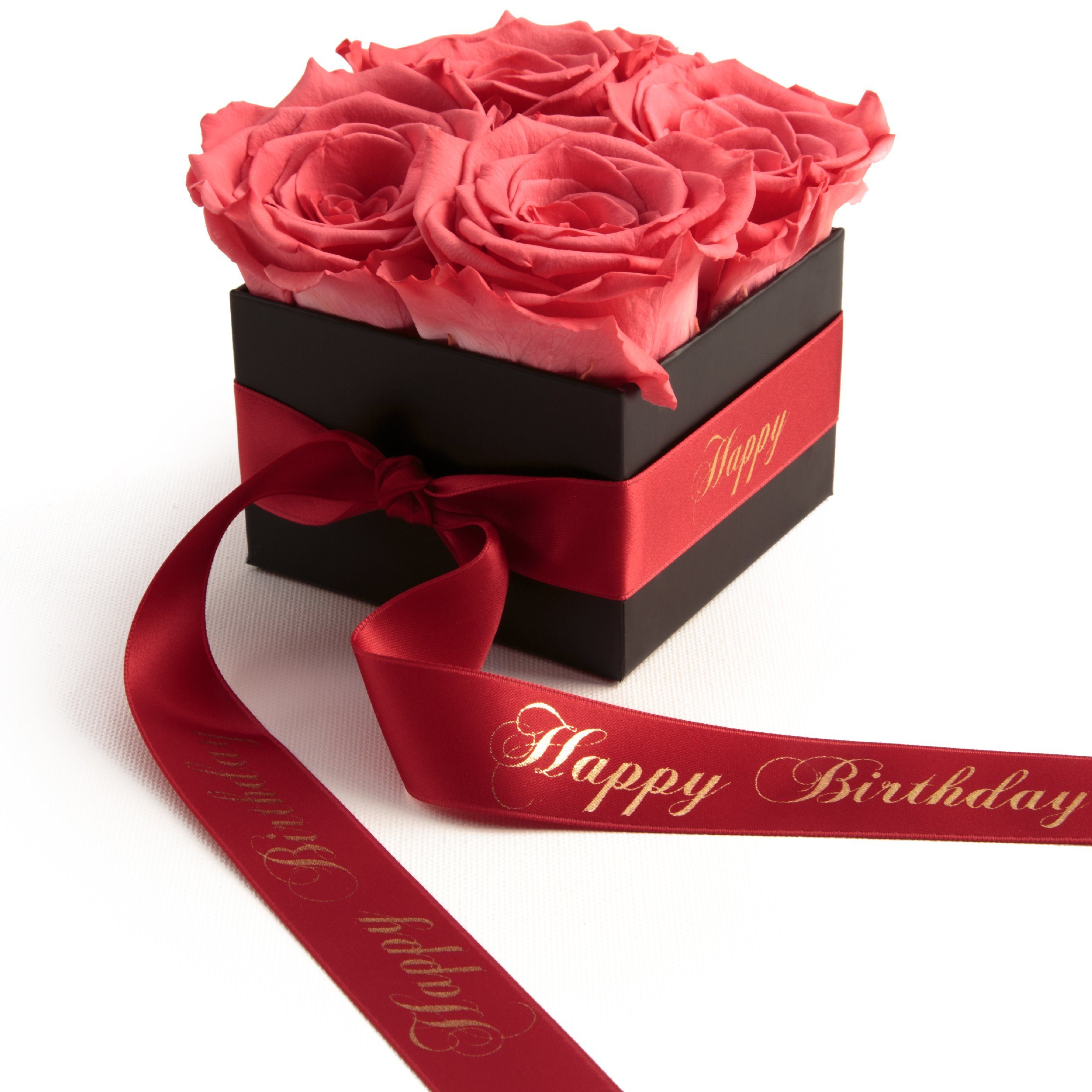 Rosenbox korall-rot Heidelberg, Höhe 3 Jahre ROSEMARIE Rose, Happy Rosen cm, Geburtstag haltbar Geschenk Birthday Infinity echte 8.5 für Kunstblume SCHULZ Frauen