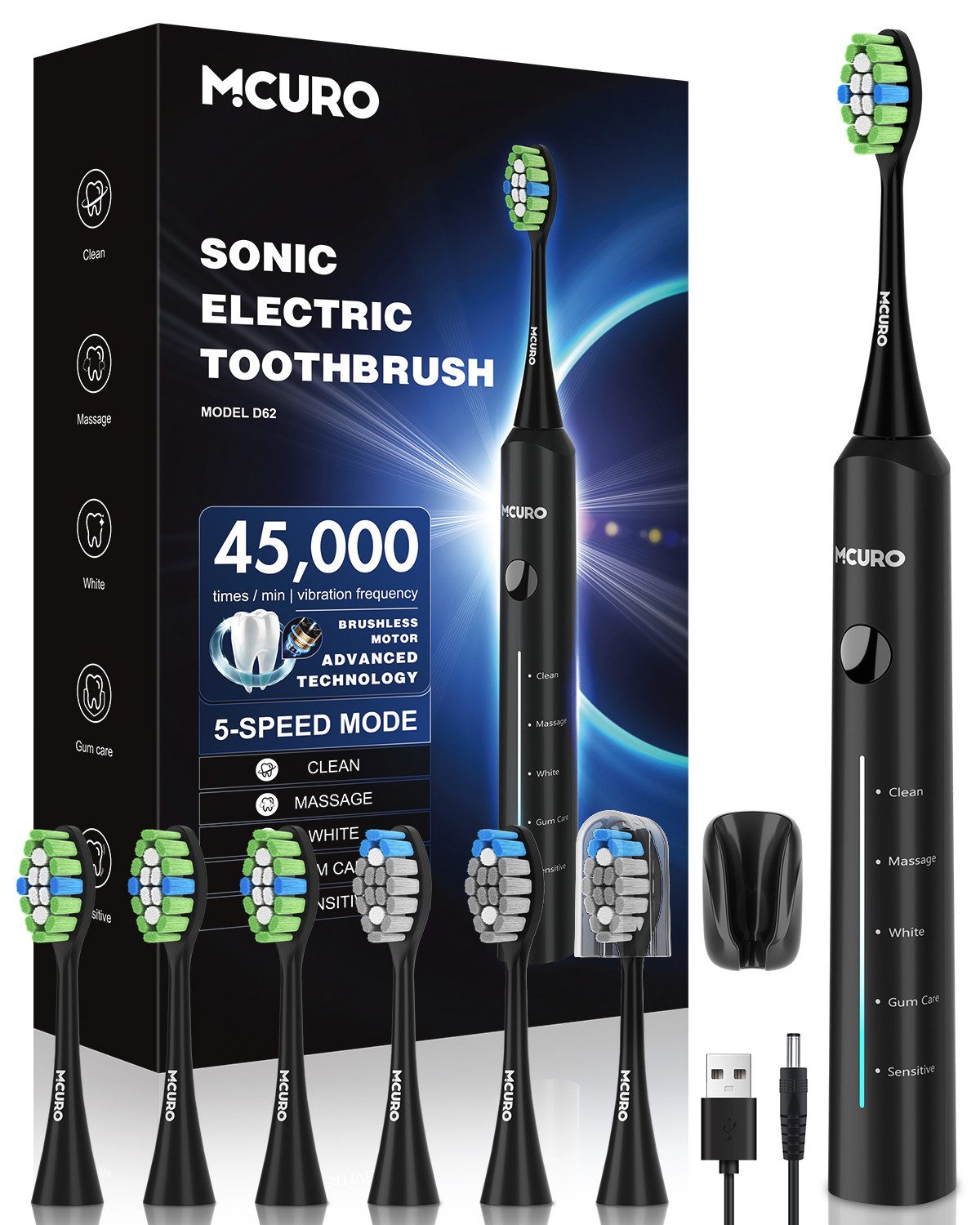 MCURO Elektrische Zahnbürste Für Empfindliche Personen, 45000VPM, Aufsteckbürsten: 6 St., Zahnbürste Elektrisch 120 Tage Akkulaufzeit,Batteriestandsanzeige, Schallzahnbürste IPX7,5 Modi,Gründliche Reinigung aller Mundbereiche