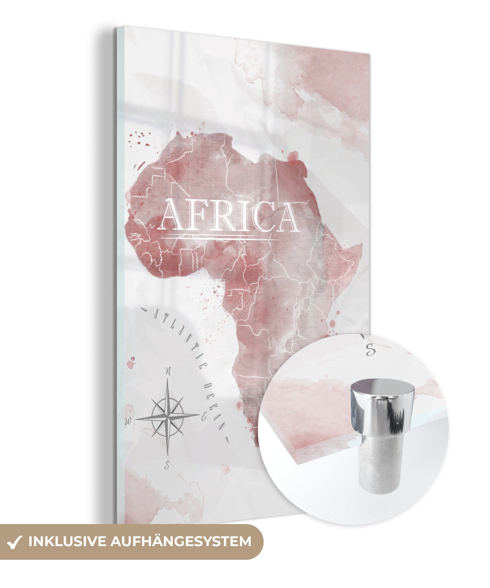 Foto - - Glas - Wandbild St), Kompass, auf Acrylglasbild Aquarell Wanddekoration Afrika Bilder Glas MuchoWow Karte auf - - (1 - Glasbilder