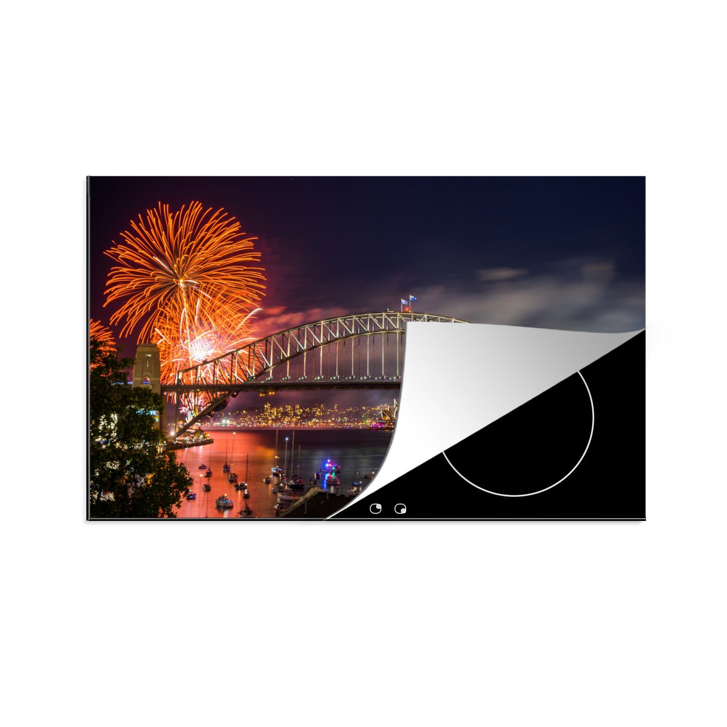 Neujahr, MuchoWow Harbour für Die Bridge 83x51 Sydney küche zu Herdblende-/Abdeckplatte Ceranfeldabdeckung, Vinyl, cm, tlg), Arbeitsplatte (1