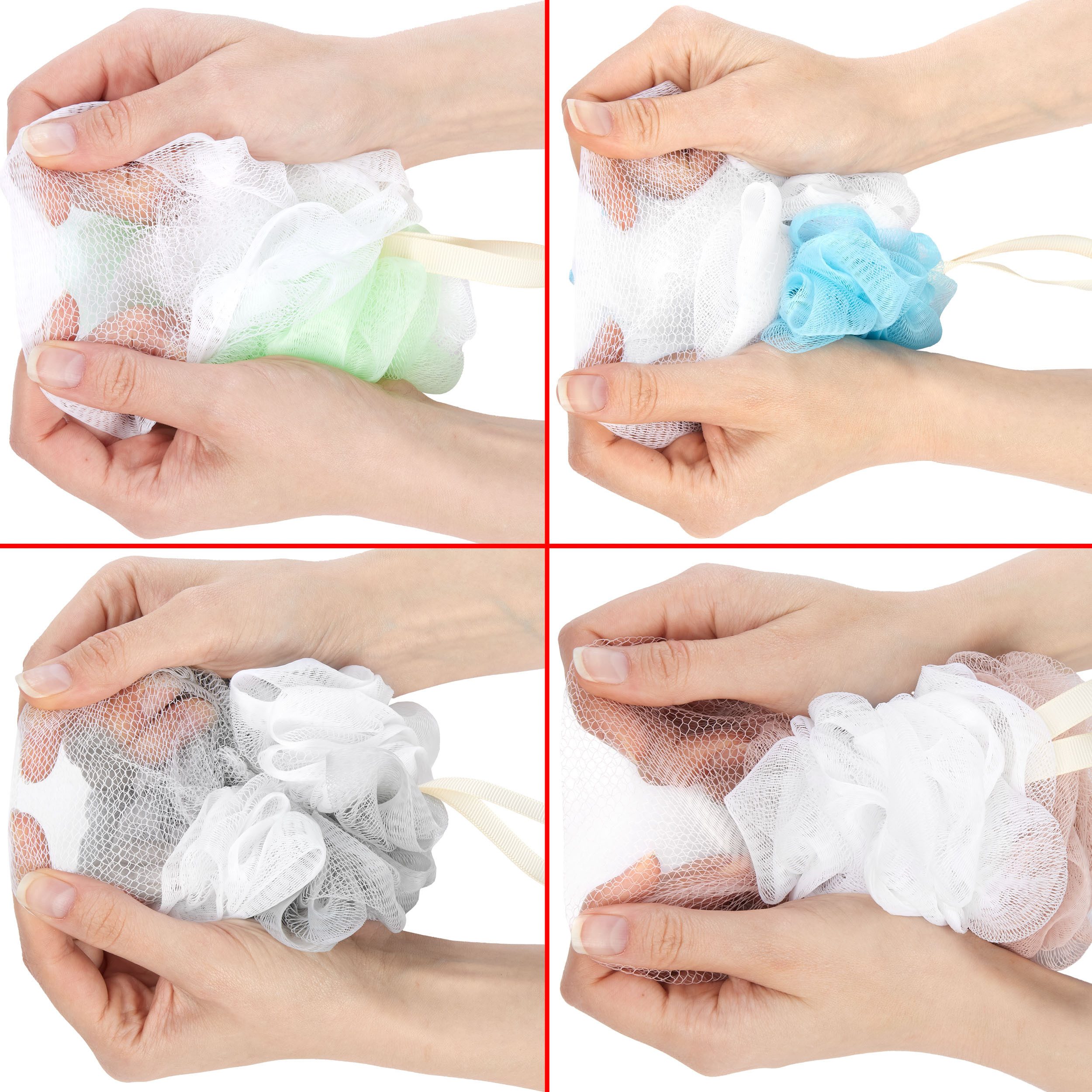 BRUBAKER Duschschwamm Badeschwamm Set Bunt - 50 g Badeknäuel - Massageschwamm, 4-tlg., Peelingschwamm Badezubehör - Luffaschwamm für Peeling und Massage