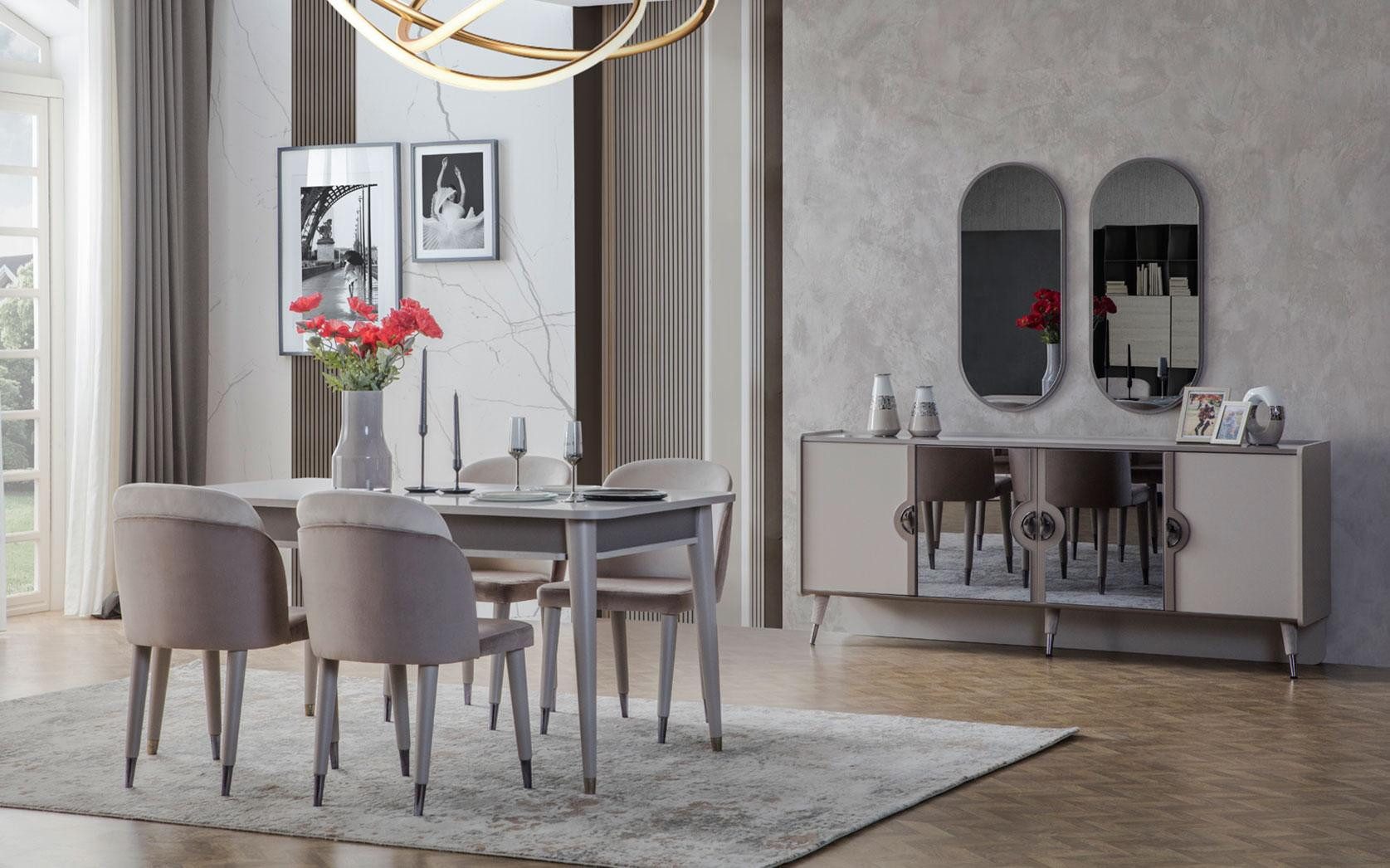 JVmoebel Esszimmer-Set Graue Esszimmermöbelset mit Стільціn, ausziehbarem Tisch und Sideboard, (10-St., 1x Esstisch+6x Стільці+1x Sideboard+2x Spiegel), Made in Europa