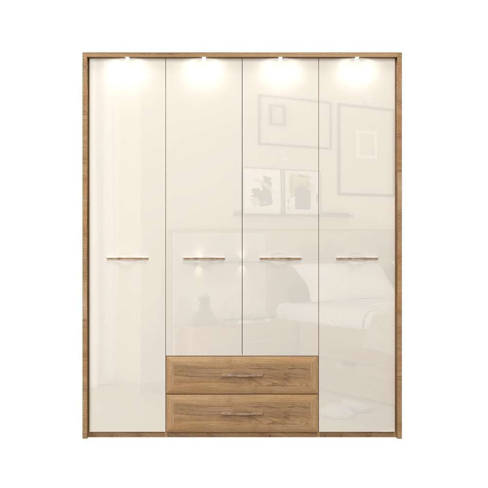 OTTO home Kleiderschrank Gala, beige hochglänzend UV lackiert, kratzfest, FSC-zertifiziert (abgerundete Schubladen aus MDF im Holzdekor, soft-close) mit Beleuchtung und Passpartourahmen, hoher Schrank (224cm), 4 Breiten