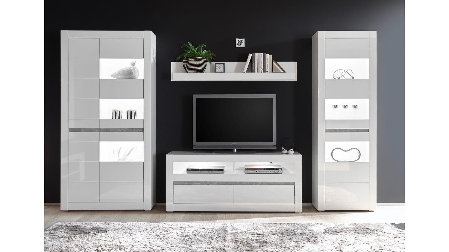 Möbel Akut Wohnwand Wohnwand 2 Carat Anbauwand Wohnzimmer weiß Hochglanz, (4-St)