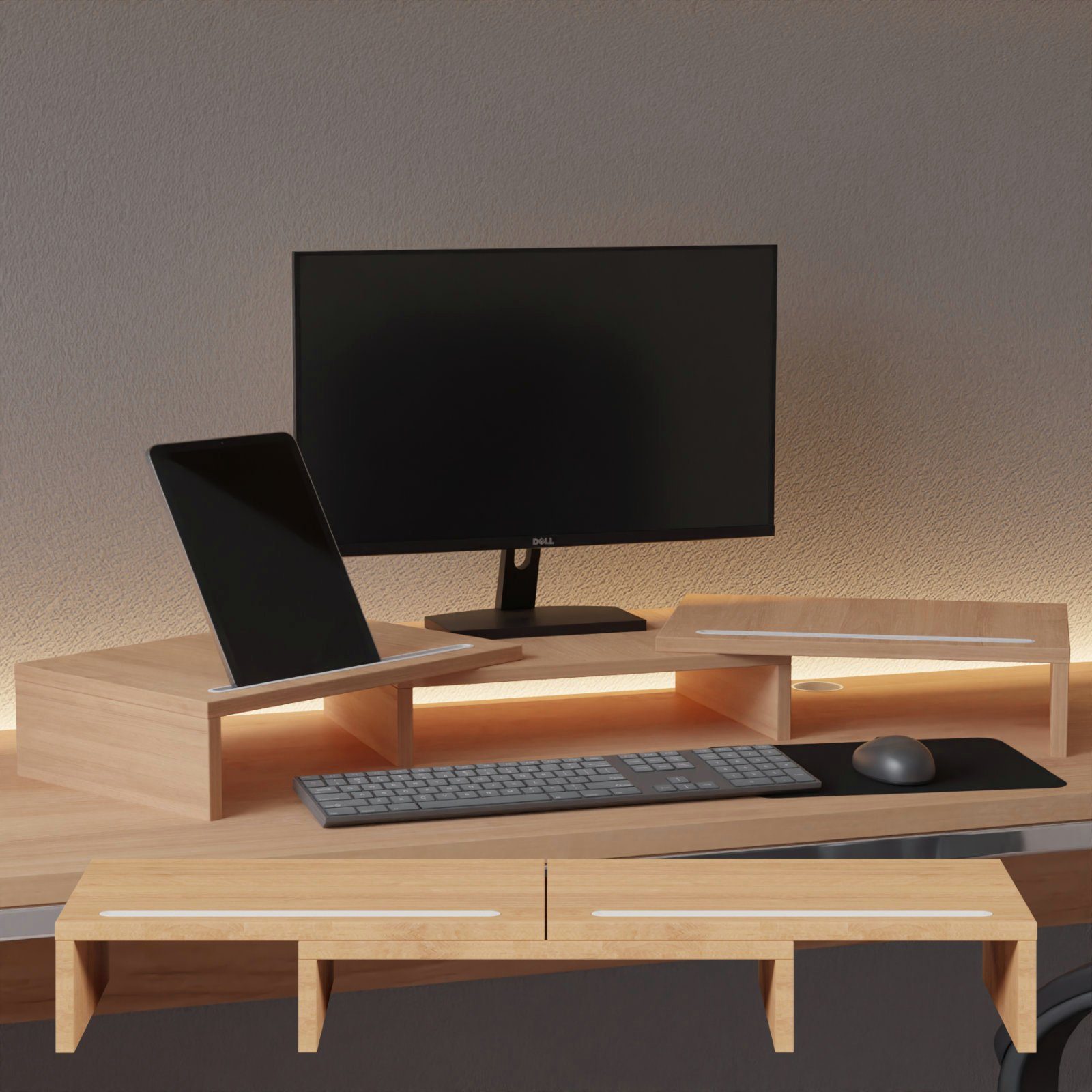 HAGO Schreibtischaufsatz 3-tlg. Monitorständer Unterbau Auflage drehbar Set Tischhalterung eiche