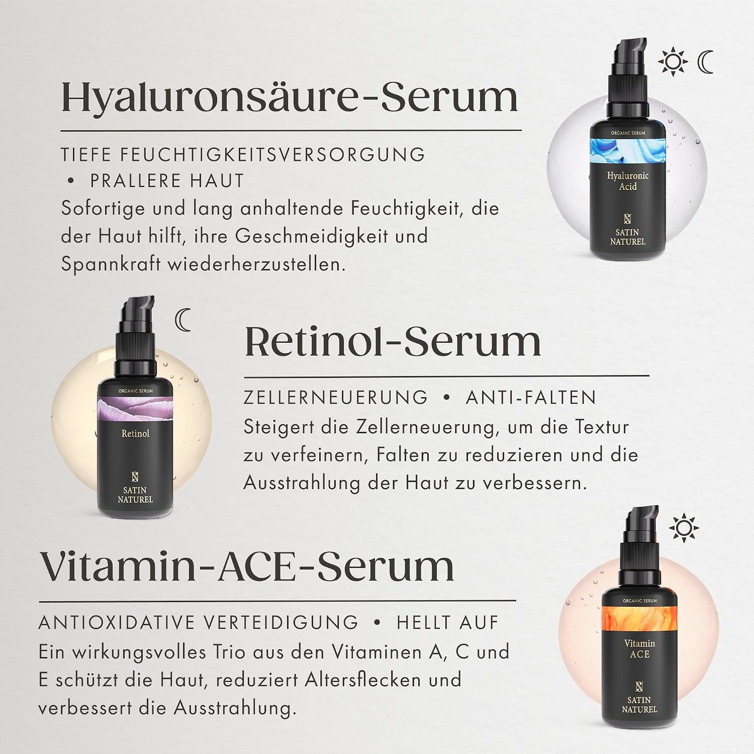 Satin Naturel Feuchtigkeitspflege-Set Geschenkset – Luxus Skincare Routine für strahlend schöne Haut mit Aloe Vera Gel, Arganöl, Vitamin C Serum, Hyaluron Serum & Retinol, 3-tlg., Natürlich. Vegan. Hochwertig.