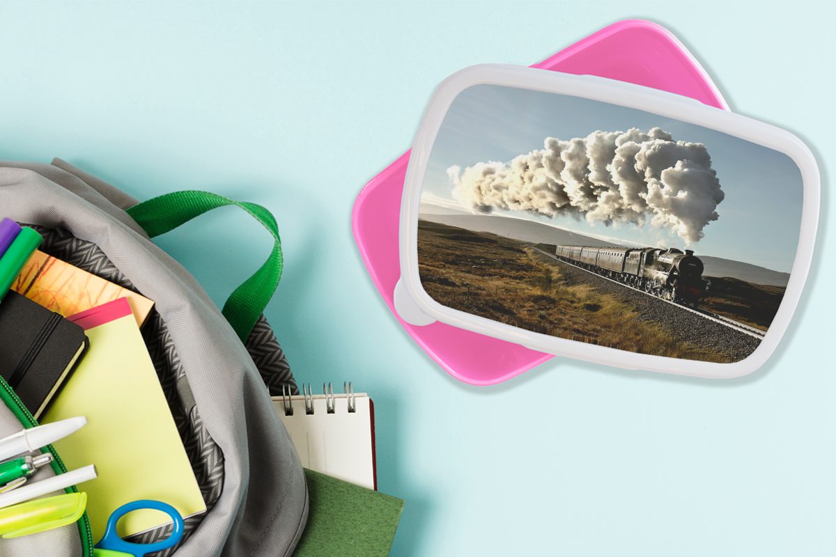eine Dampflokomotive Brotdose für Kunststoff Kunststoff, Eine rosa Landschaft, Lunchbox Kinder, durch Snackbox, zerklüftete fährt Brotbox MuchoWow Mädchen, Erwachsene, (2-tlg),