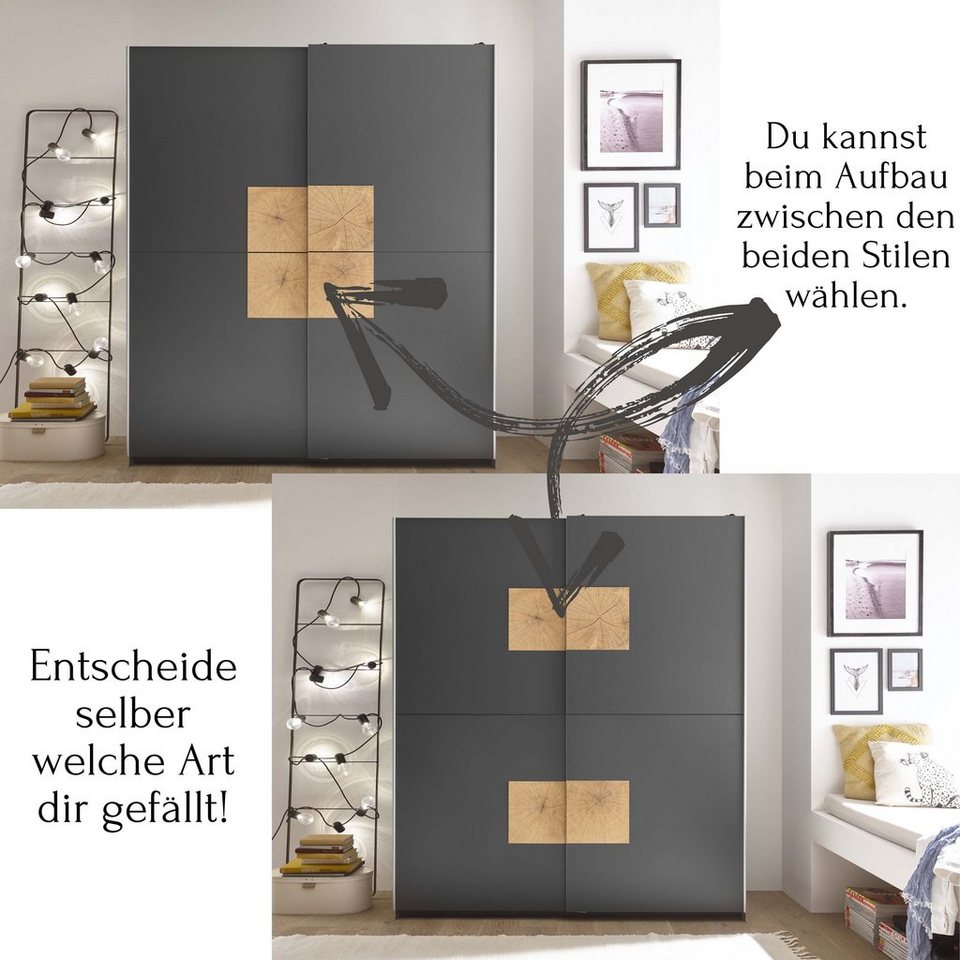 möbelando Kleiderschrank Johann Schwebetürenschrank modern mit viel  Stauraum - Vielseitiger Kleiderschrank in Graphit mit Hirnholz Absetzungen  - 170 x 195 x 59 cm (B/H/T)