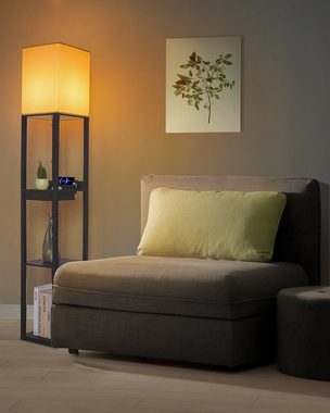 Tomons LED Stehlampe »Stehleuchte mit Holzregal, 2 USB Anschlüsse, E27 Glühbirne«, Retro Stehlampe Holz Schwarz für Wohnzimmer, Schlafzimmer und Büro