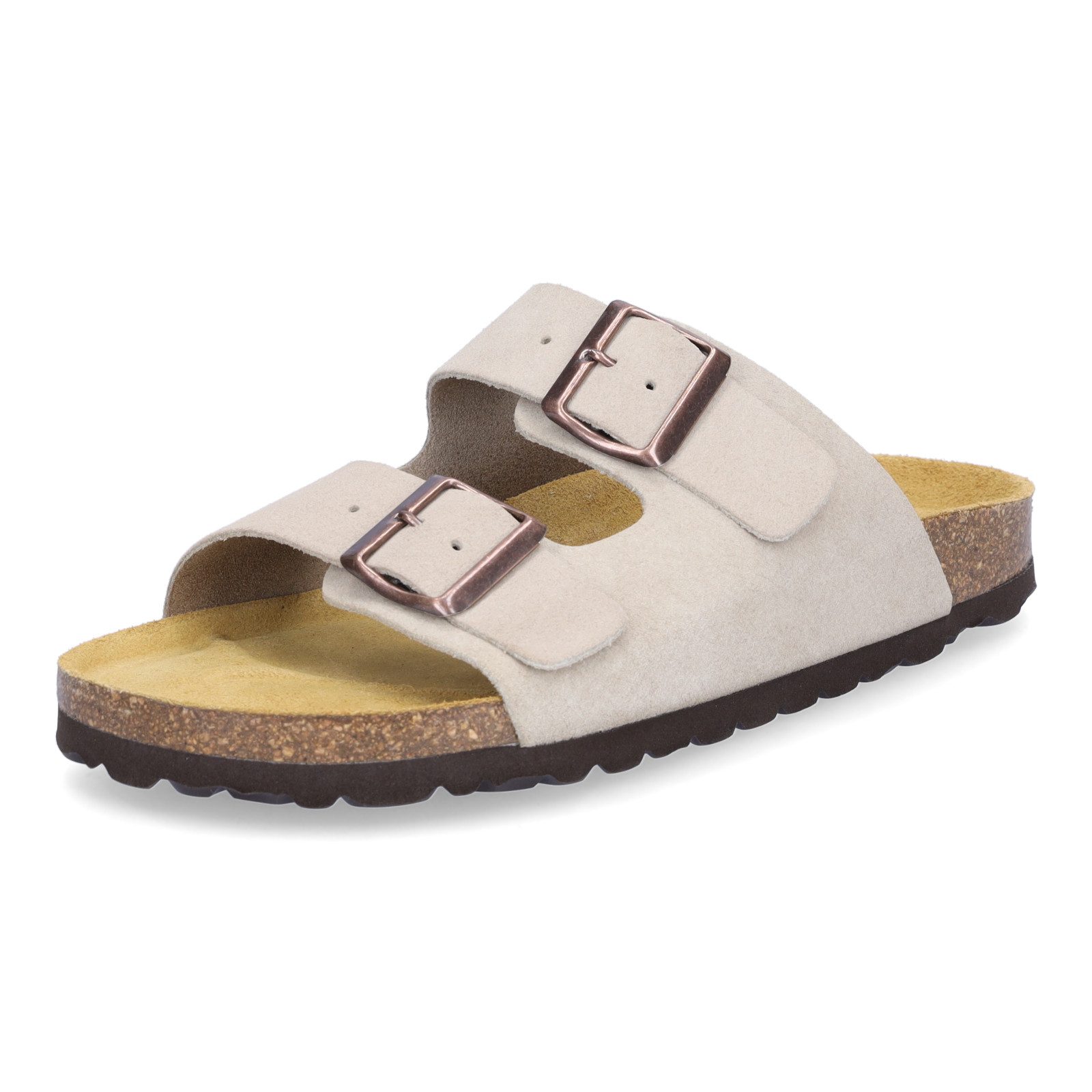 MIDS MOMO Damen Pantolette beige aus Velourleder, Zweiriemer mit ergonomischem Fußbett & Schnalle