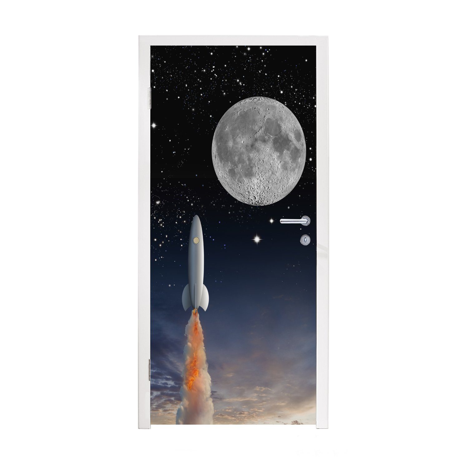 MuchoWow Türtapete Eine Illustration der Raumfähre und des Vollmondes, Matt, bedruckt, (1 St), Fototapete für Tür, Türaufkleber, 75x205 cm