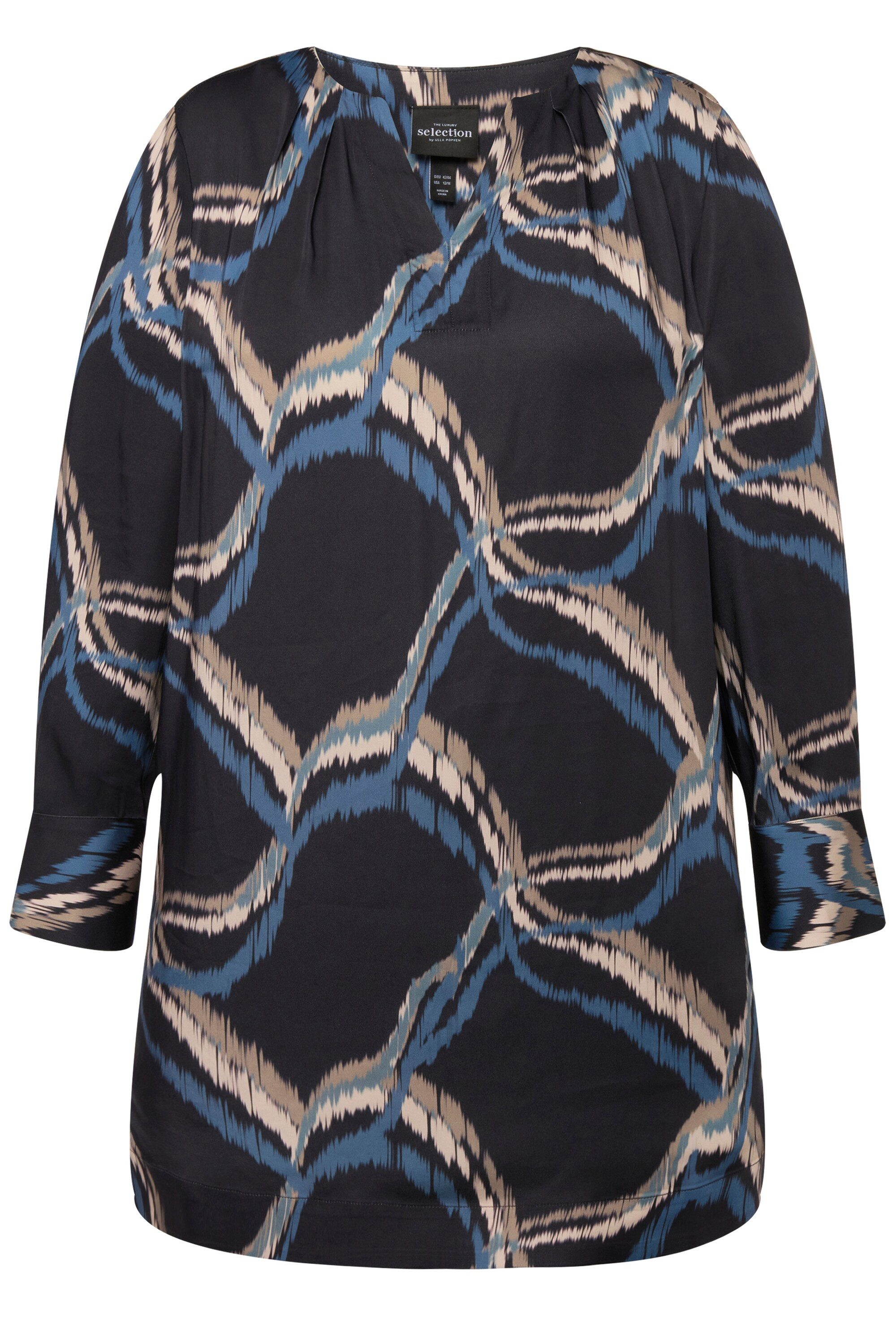 Ulla Popken Druckbluse Satinbluse Tunika-Ausschnitt Zierfalten günstig online kaufen