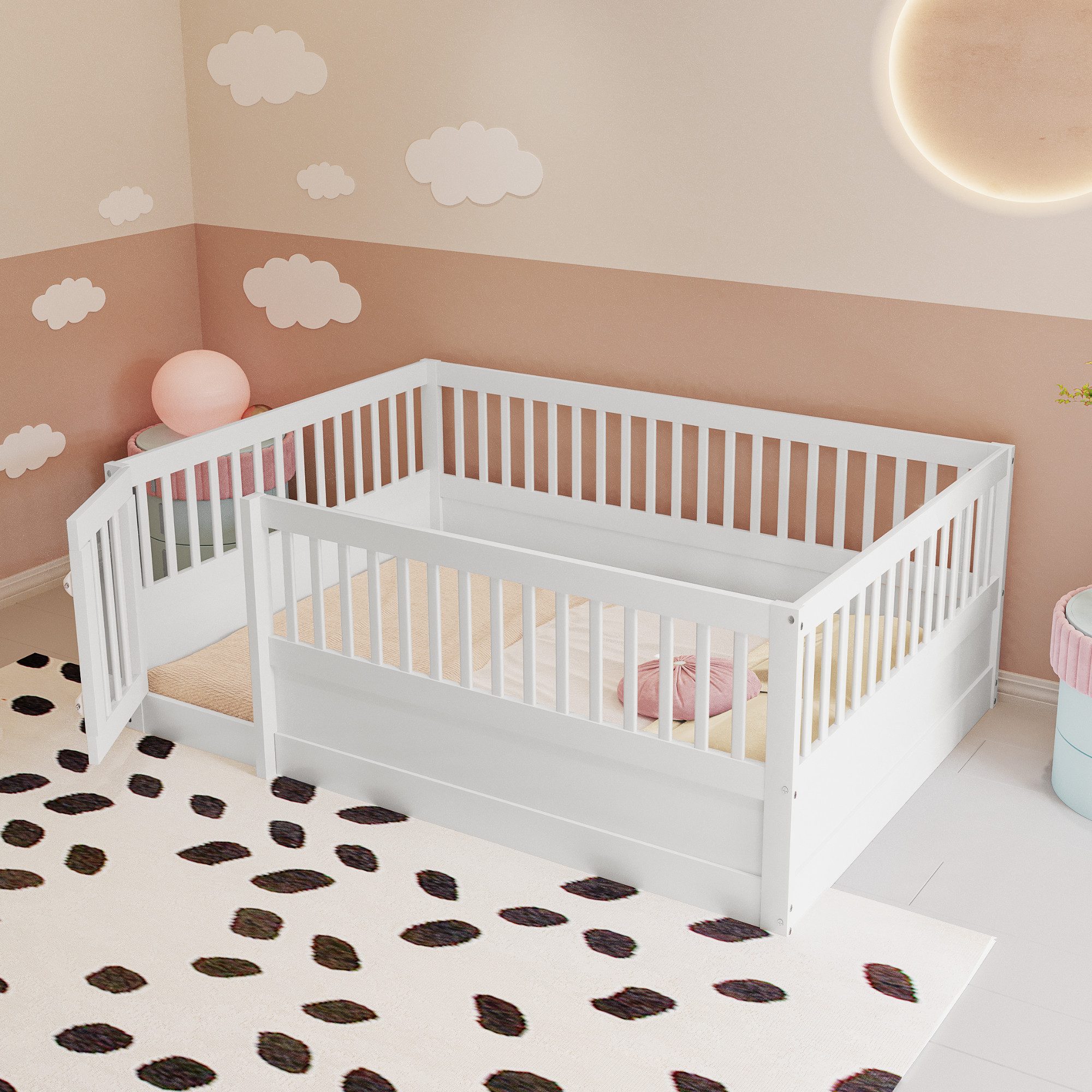 Flieks Kinderbett, Holzbett Bodenbett 140x200cm mit Zaun und Tür ohne Lattenrost