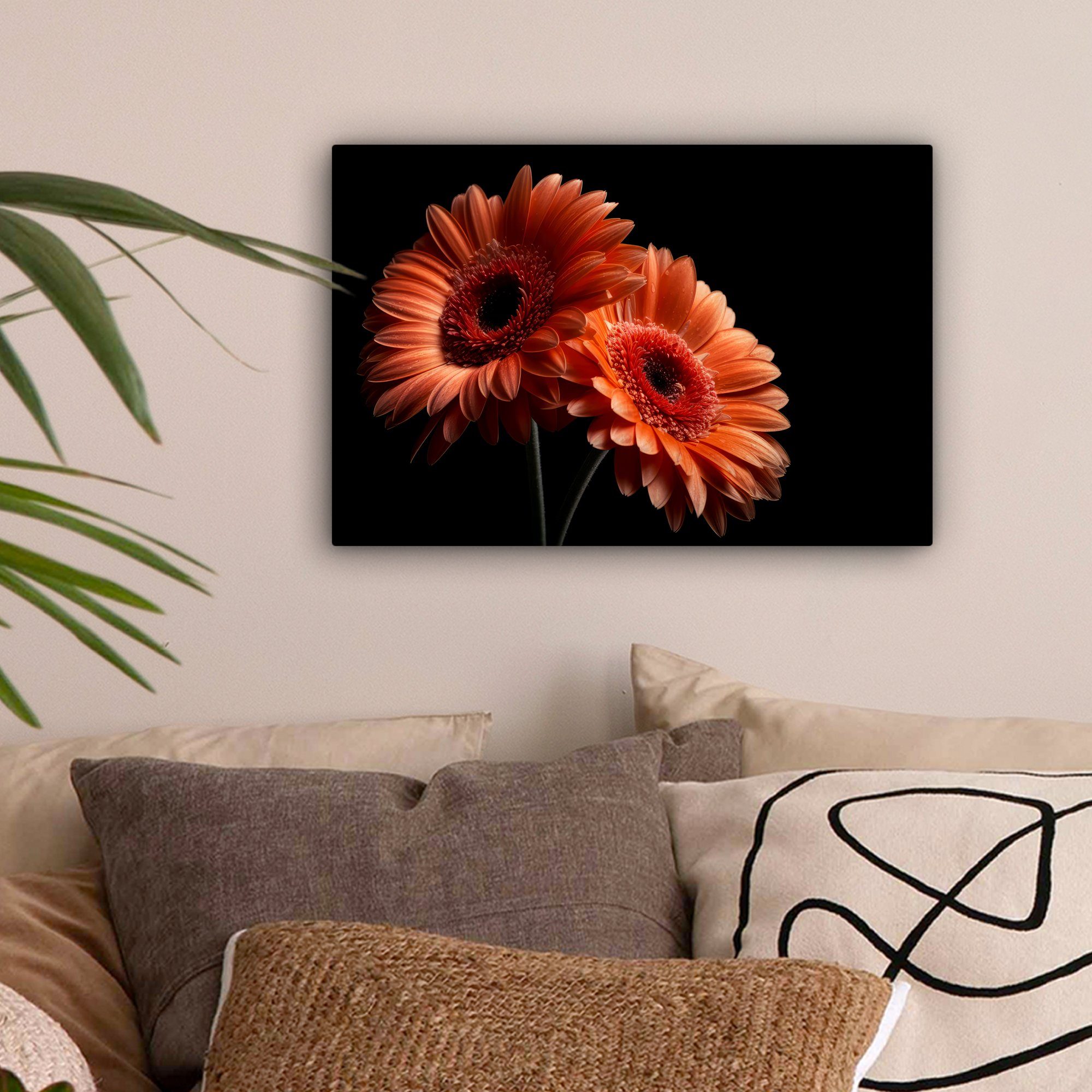 OneMillionCanvasses® Leinwandbild Leinwandbilder, - (1 - 30x20 Wandbild Aufhängefertig, St), Wanddeko, Schwarz, Botanisch cm Blumen - Gerbera - Orange