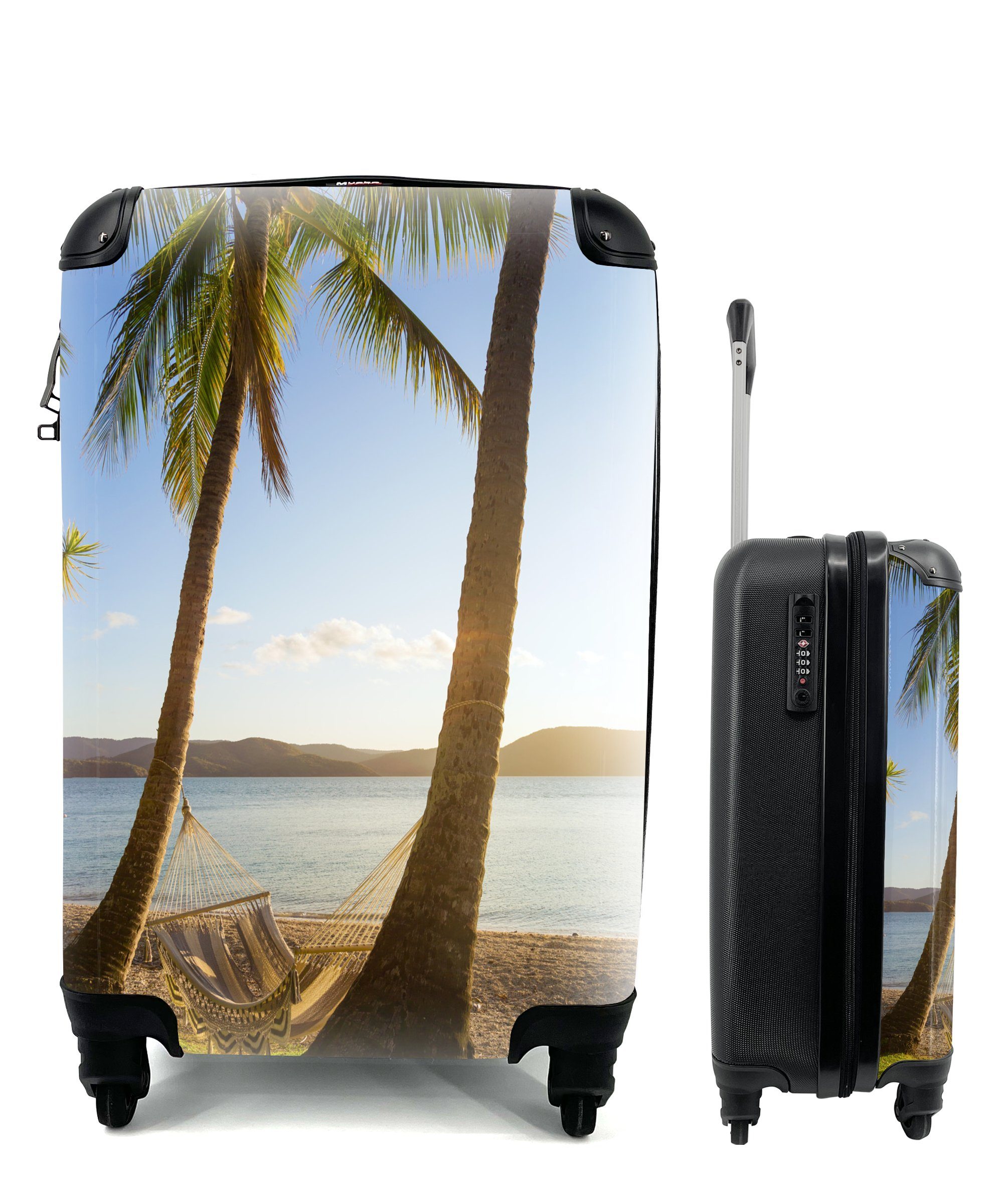 MuchoWow Handgepäckkoffer Zwei Palmen am Strand mit einer Hängematte, 4 Rollen, Reisetasche mit rollen, Handgepäck für Ferien, Trolley, Reisekoffer