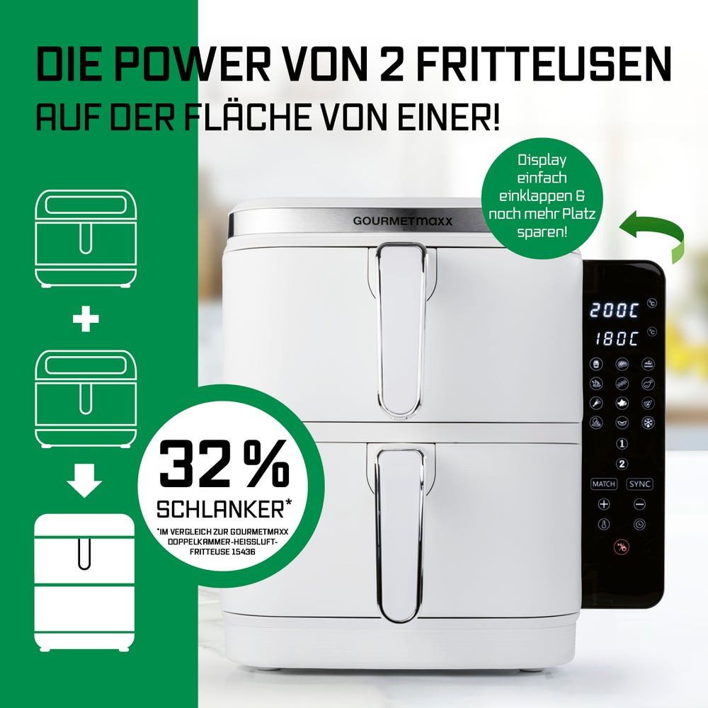 GOURMETmaxx Heißluftfritteuse FryUp Vertikaler Doppelkammer Airfryer 2x 5l, 2800 W, klappbares Touchdisplay 32% platzsparender Fassungsvermögen 10L