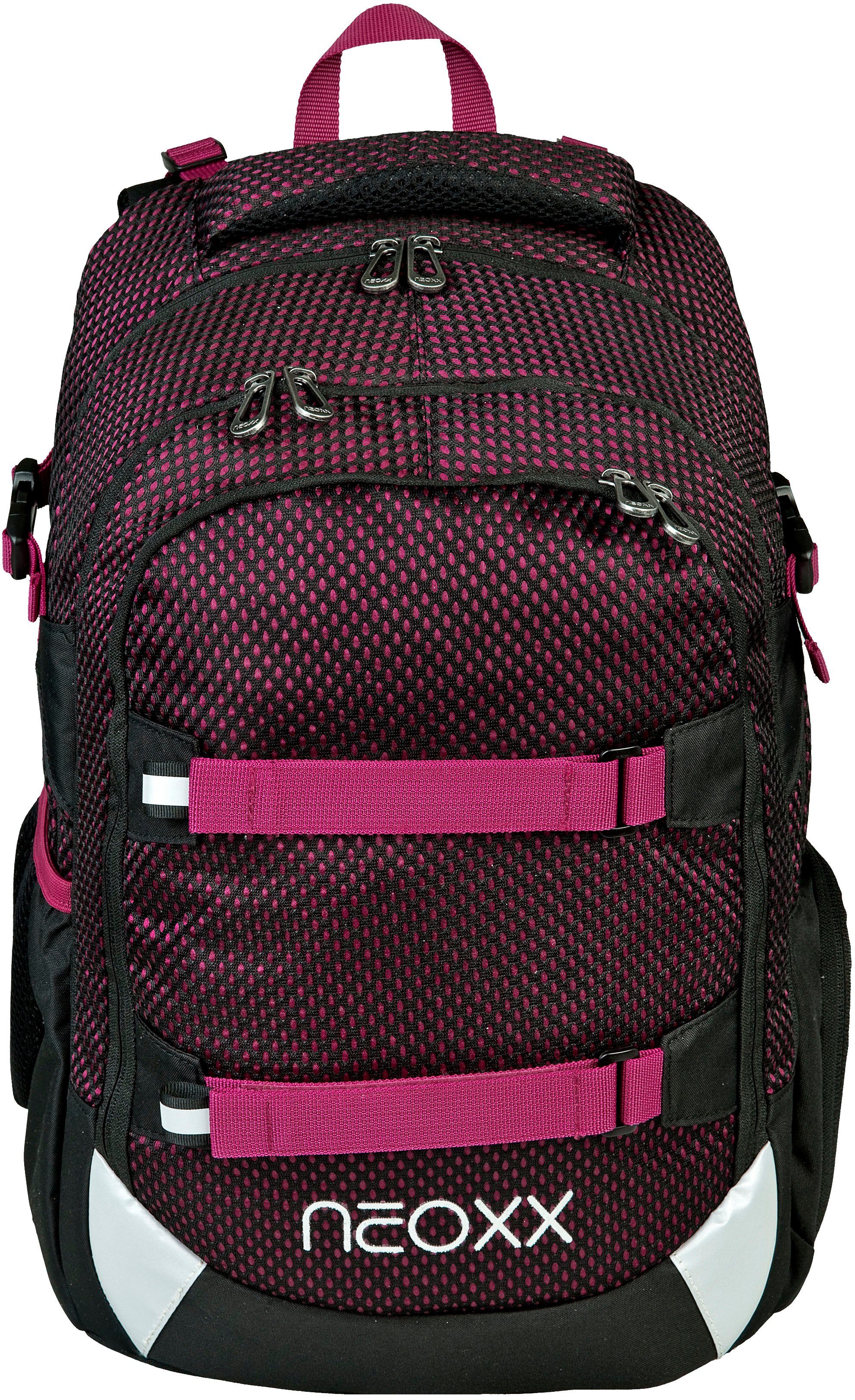 neoxx Schulrucksack Active, Crazy in Mesh, aus recycelten PET-Flaschen,  Gute Sichtbarkeit durch Reflektorflächen an der Vorderseite und den Trägern