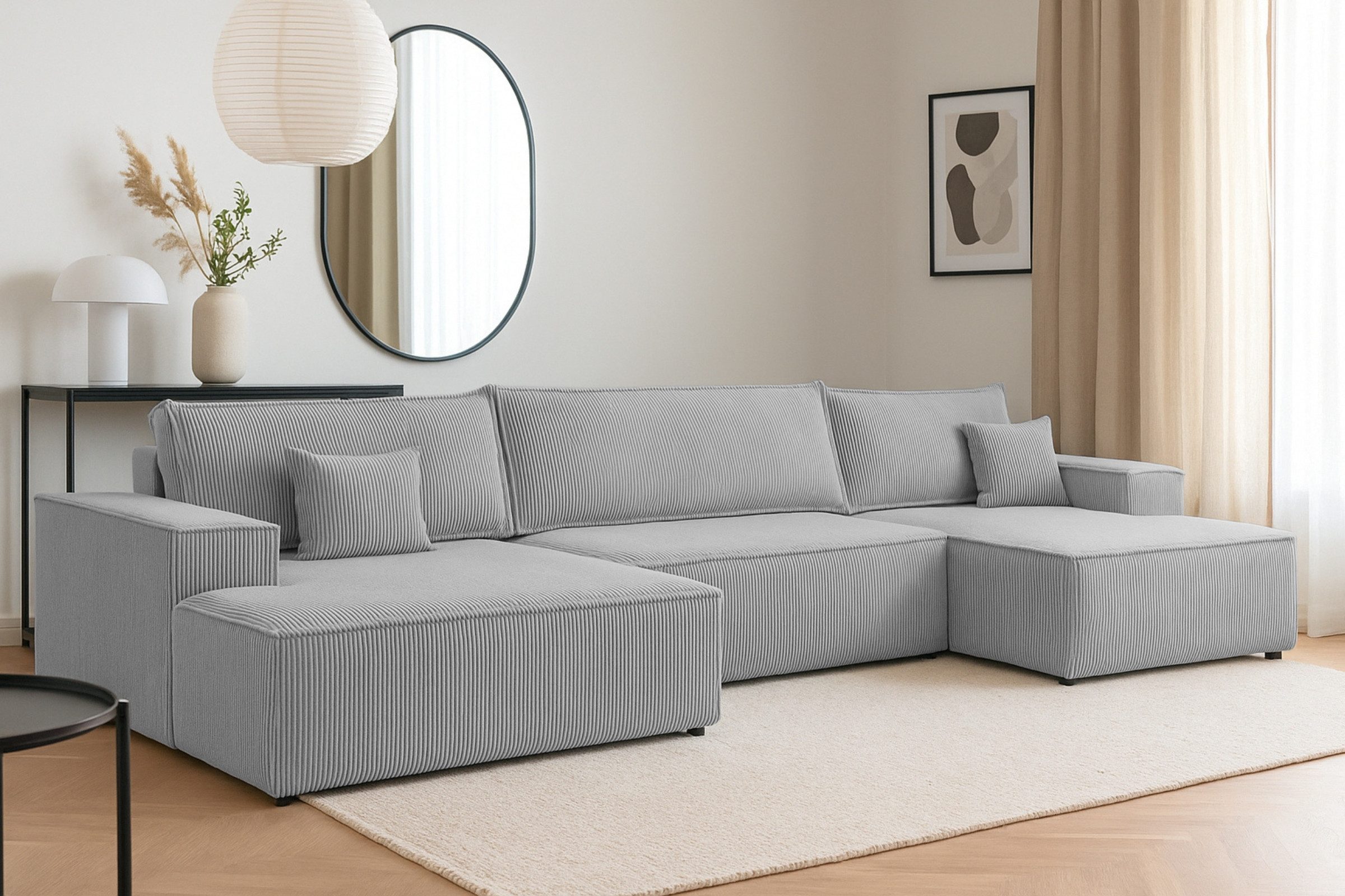 Deine Möbel 24 Wohnlandschaft MARCO U-Form 398 cm breit Sofa Wohnzimmer U-Couch Cord Samt, Grau Beige Dunkelgrau Anthrazit Graphit Schwarz Hellgrau 3 Teile, mit Schlaffunktion