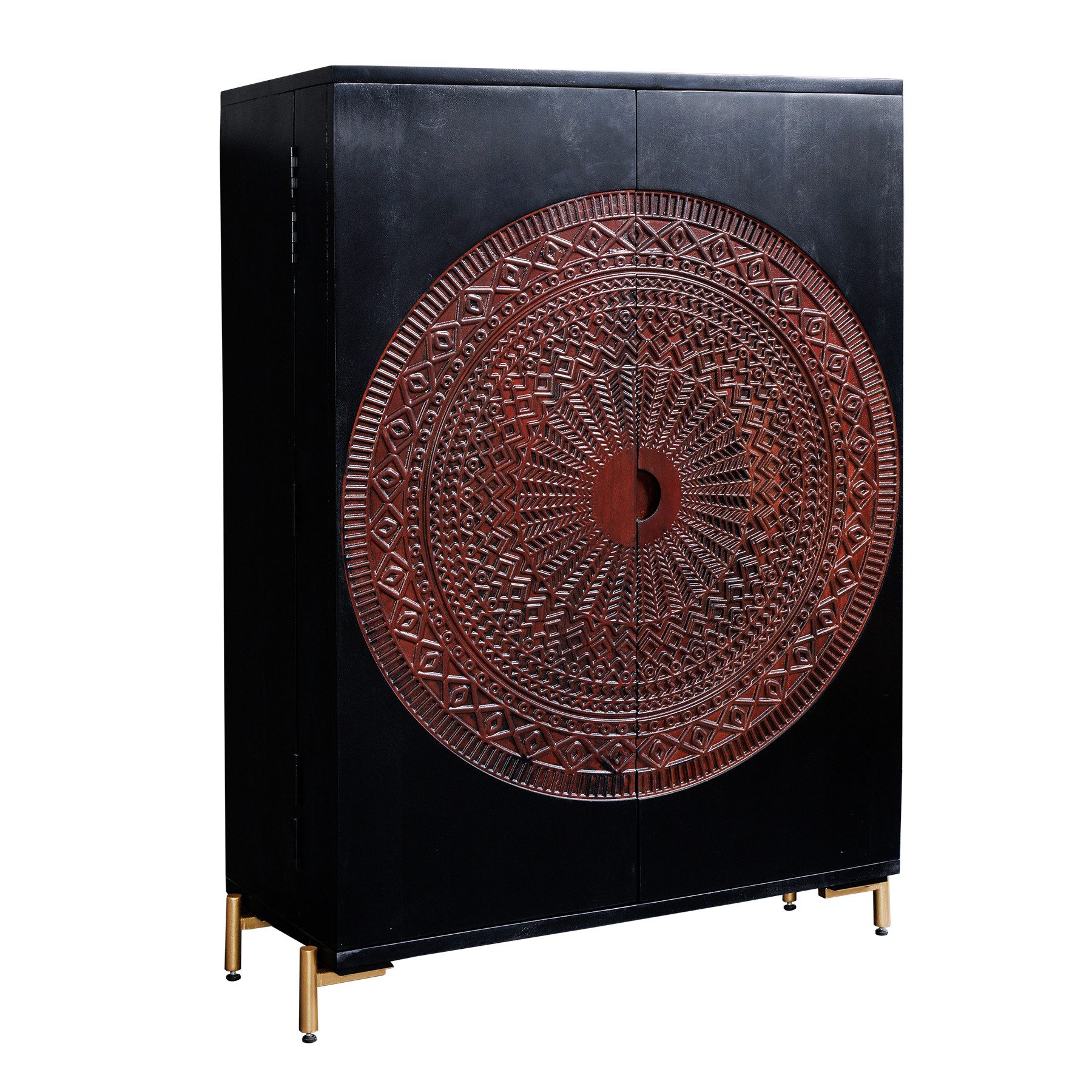 Barschrank MANDALA 140cm schwarz / gold · Highboard aus Mangoholz mit Schnitzerei