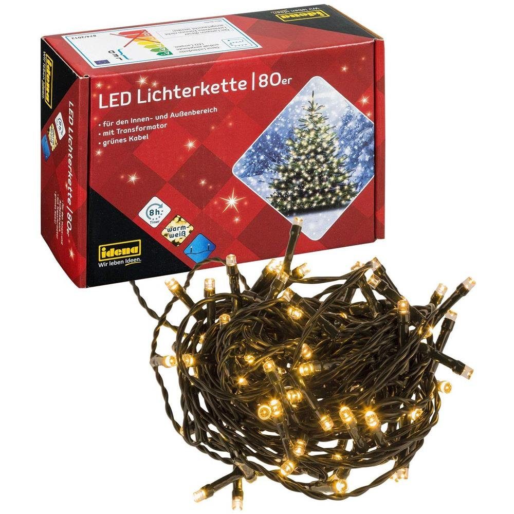 Idena LED-Lichterkette Lichterkette 80er mit warm weißen LED, für innen und außen Timer Party Deko Weihnachten