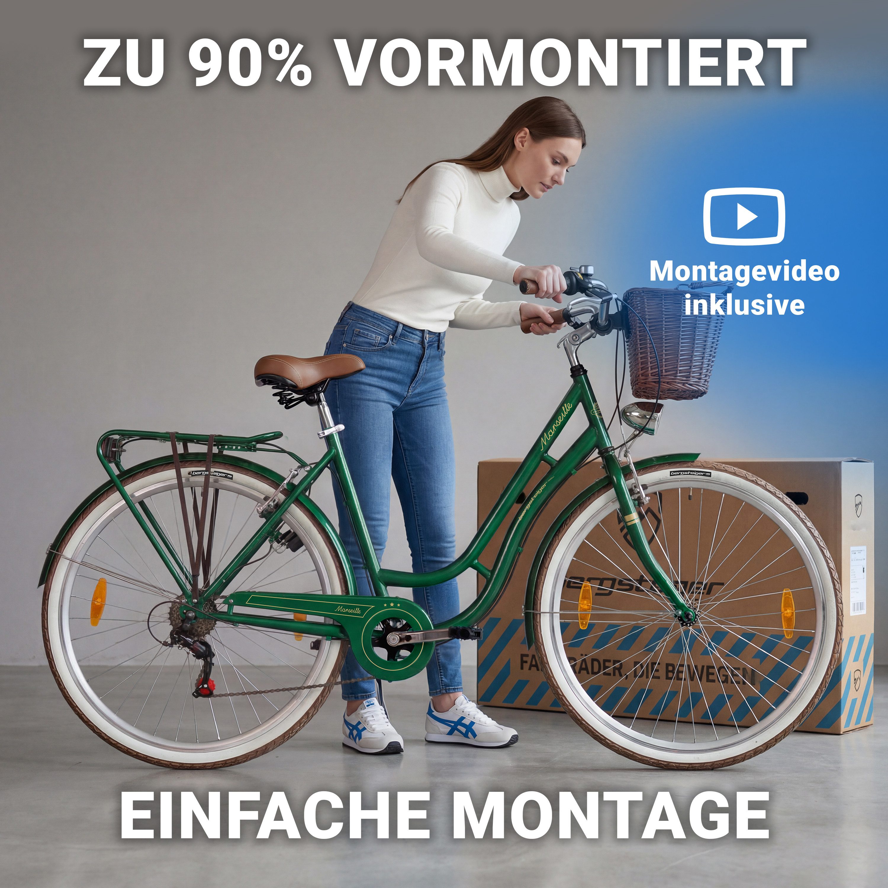 bergsteiger Cityrad Marseille 26 Zoll, 28 Zoll Damenfahrrad, ab 150 cm, Korb aus Rattan, 6 Gang, Kettenschaltung, V-Bremsen – Bild 5 von 5