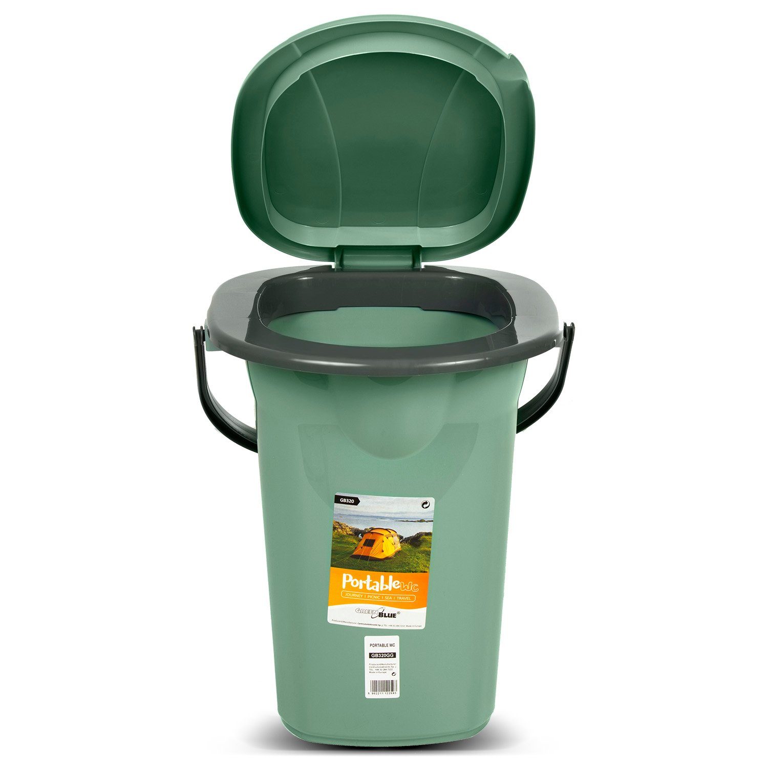 GreenBlue Campingtoilette GB320 Tragbarer Toiletten-Eimer mit Tragegriff 19L, Toilettenpapierhalter, Auskipp-Hilfe für Camping, Wohnwagen, Boot