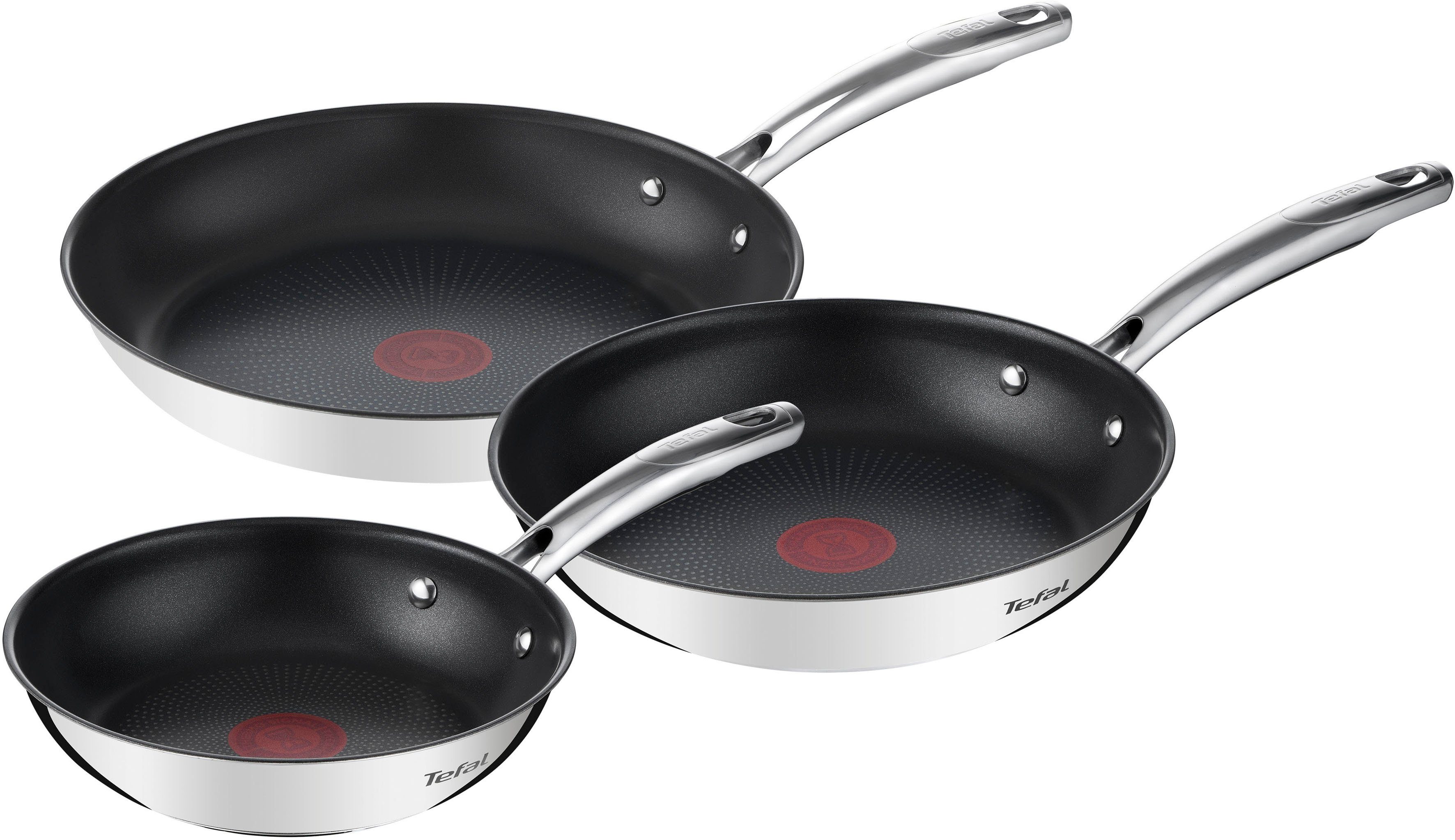 Tefal Pfannen-Set Duetto+, langlebige Antihaftversiegelung, Thermo-Signal, Edelstahl (Set, 3-tlg., 3x Bratpfannen Ø 20/24/28 cm), Edelstahl-Griff, Induktionspfanne, für aller Herdarten geeignet,G732S3
