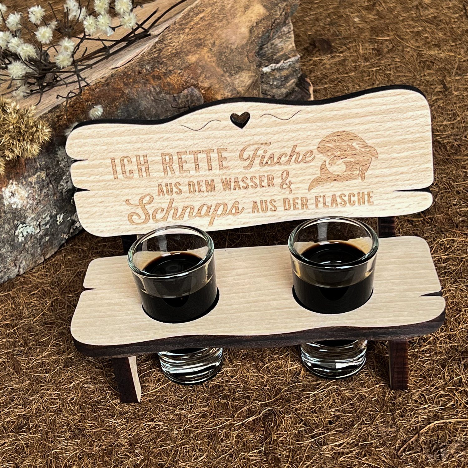Spruchreif® Schnapsglas Schnapsbank mit 2 Gläsern und Gravur für Angler, Angler Geschenke